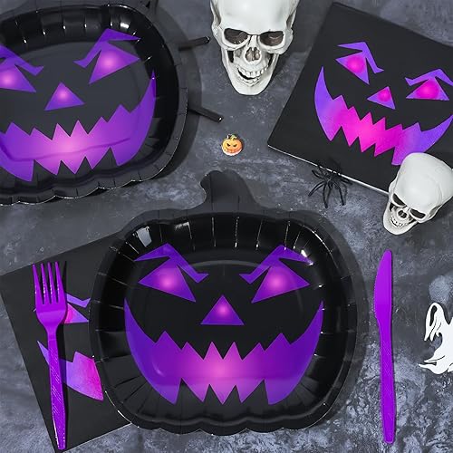 Miniatura 3 de Whaline 24 platos y servilletas de papel de calabaza de Halloween, platos desechables espeluznantes de cara de calabaza negra y morada, decoración