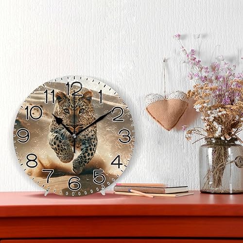 Miniatura 2 de Un leopardo en el desierto se precipita hacia la cámara, reloj de pared que funciona con pilas, sin tictac, cuarzo silencioso, analógico, rústico,