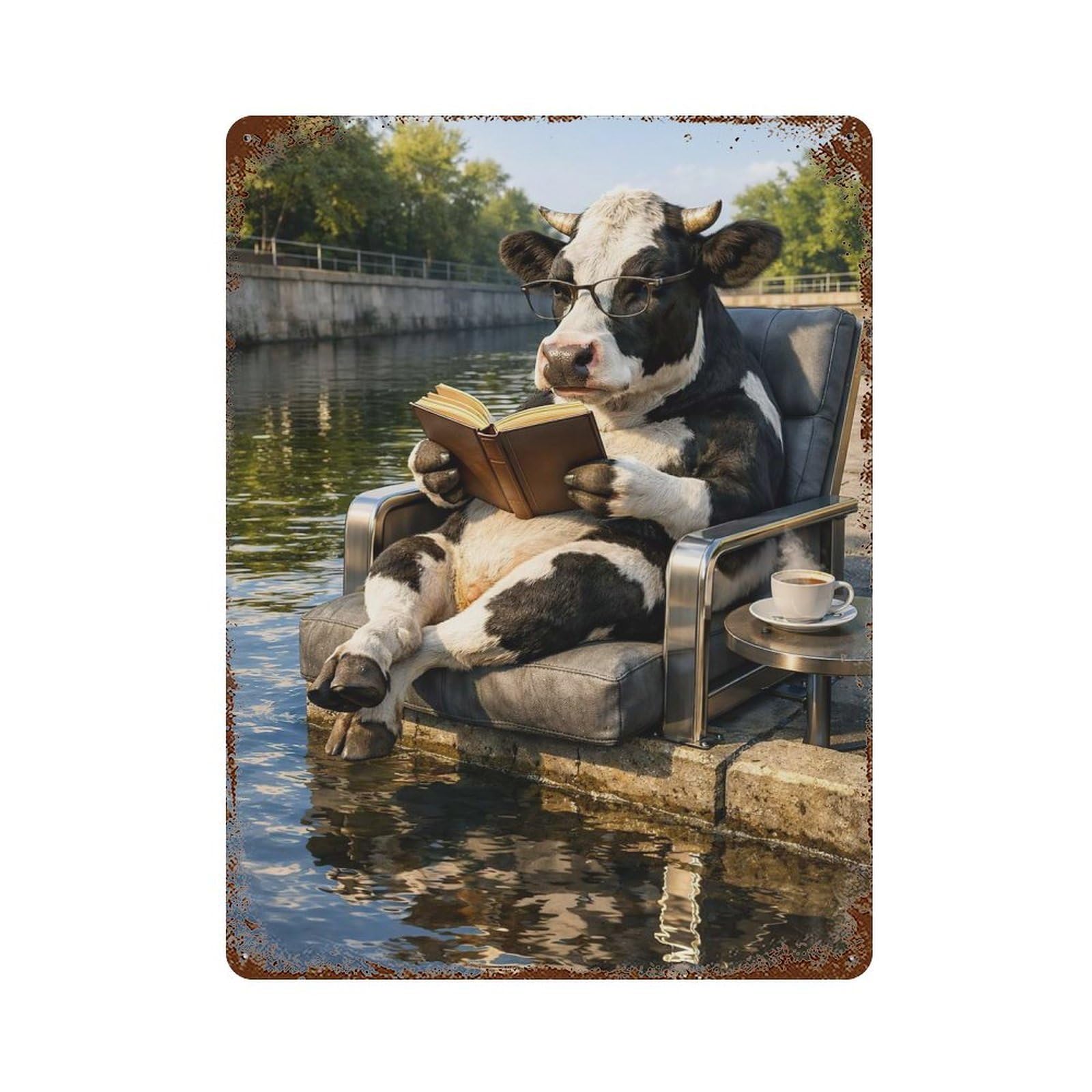 Cow Reading Book by The River Decorative Tin Sign 15.7"x11.8", Vintage Wall Decor for Basement, Hobby Room And Garage Decor