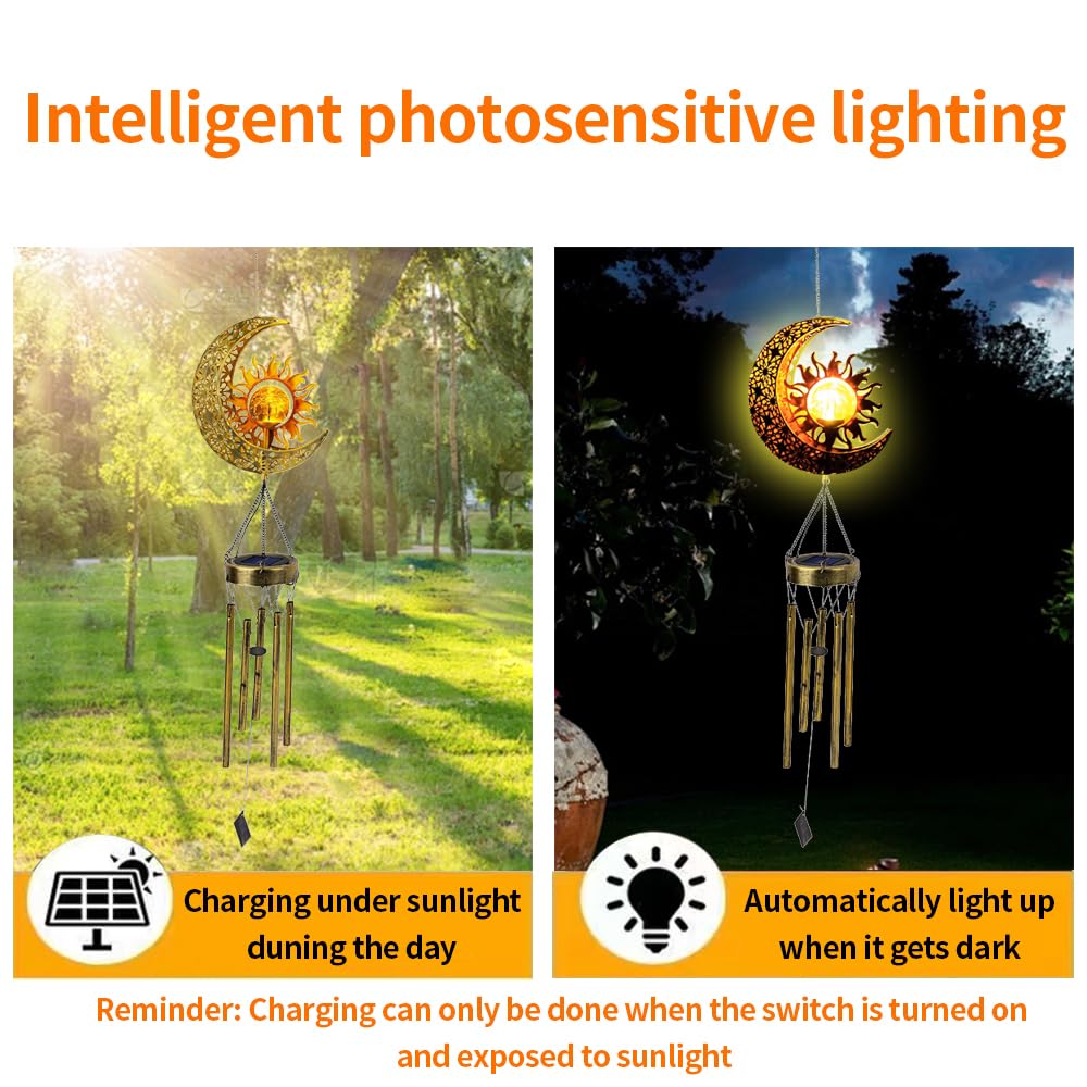 Carino solare alimentato sole e lune vento campana luce decorativa, ferro arte sole e lune vento campana, un regalo portatile a LED luce decorativa all'aperto per gli amici.