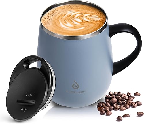 Ideus Taza de café aislada de 16 onzas con asa y tapa, vaso de acero inoxidable de doble pared aislada al vacío, taza de café de viaje taza térmica