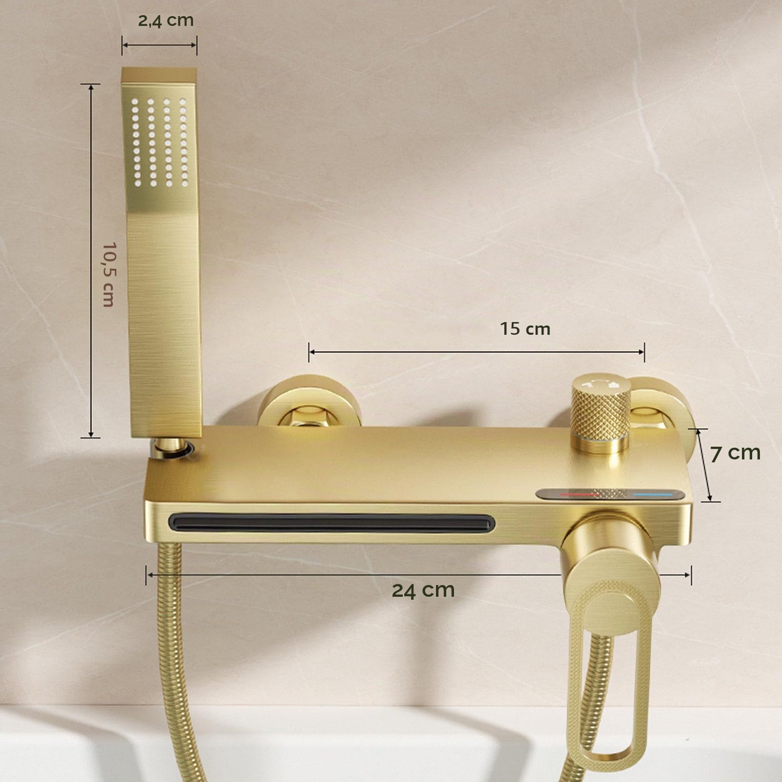 Grifo Bañera, Grifo Ducha Cascada Alto Flujo | Latón, Monomando Mezclador de Bañera, Agua Caliente y Fría Regulable, Incluir Alcachofa 3 Modos, Manguera de 150 cm