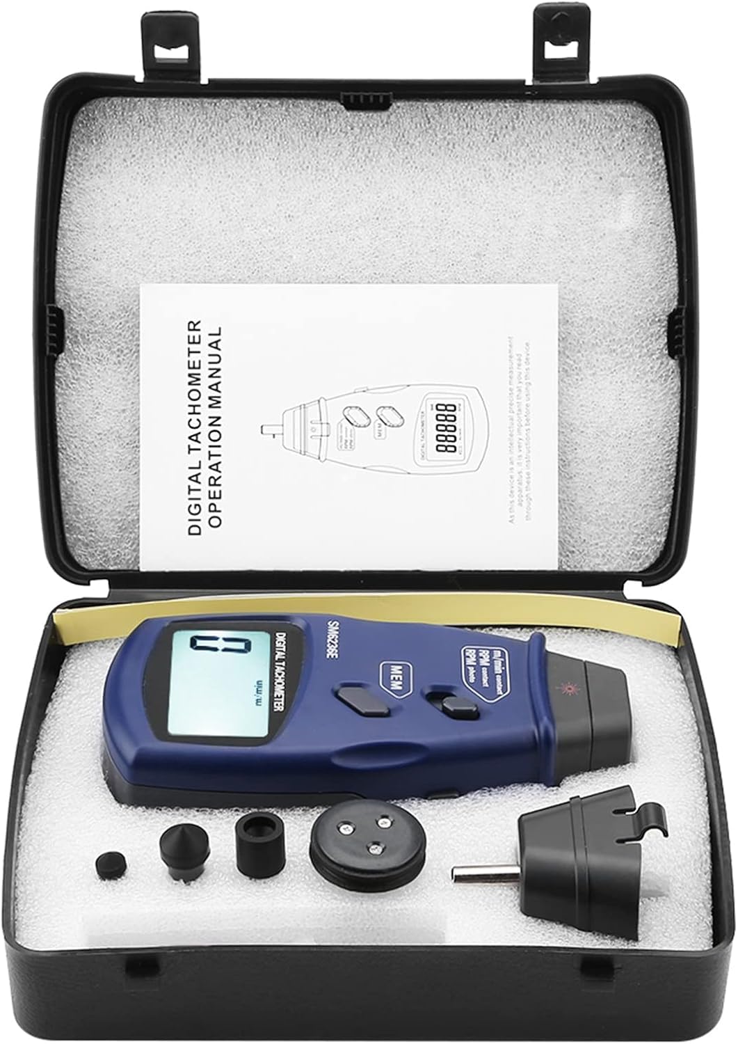 SM6236E - Tacómetro digital de foto, probador de rotación digital con función de almacenamiento automático, tacómetro de mano con 5 dígitos de 18 mm retroiluminación LCD