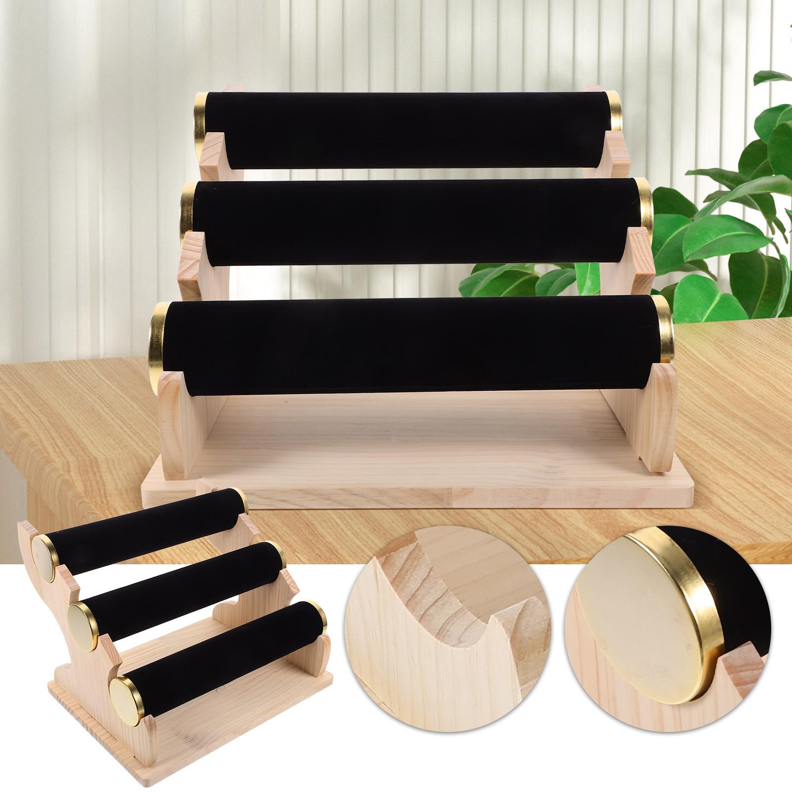 GALPADA Soporte para Brazaletes y Relojes de Pulsera de 3 Niveles Base de Madera Negra, Organizador Elegante y Resistente para Joyas en Oficina o Uso Personal