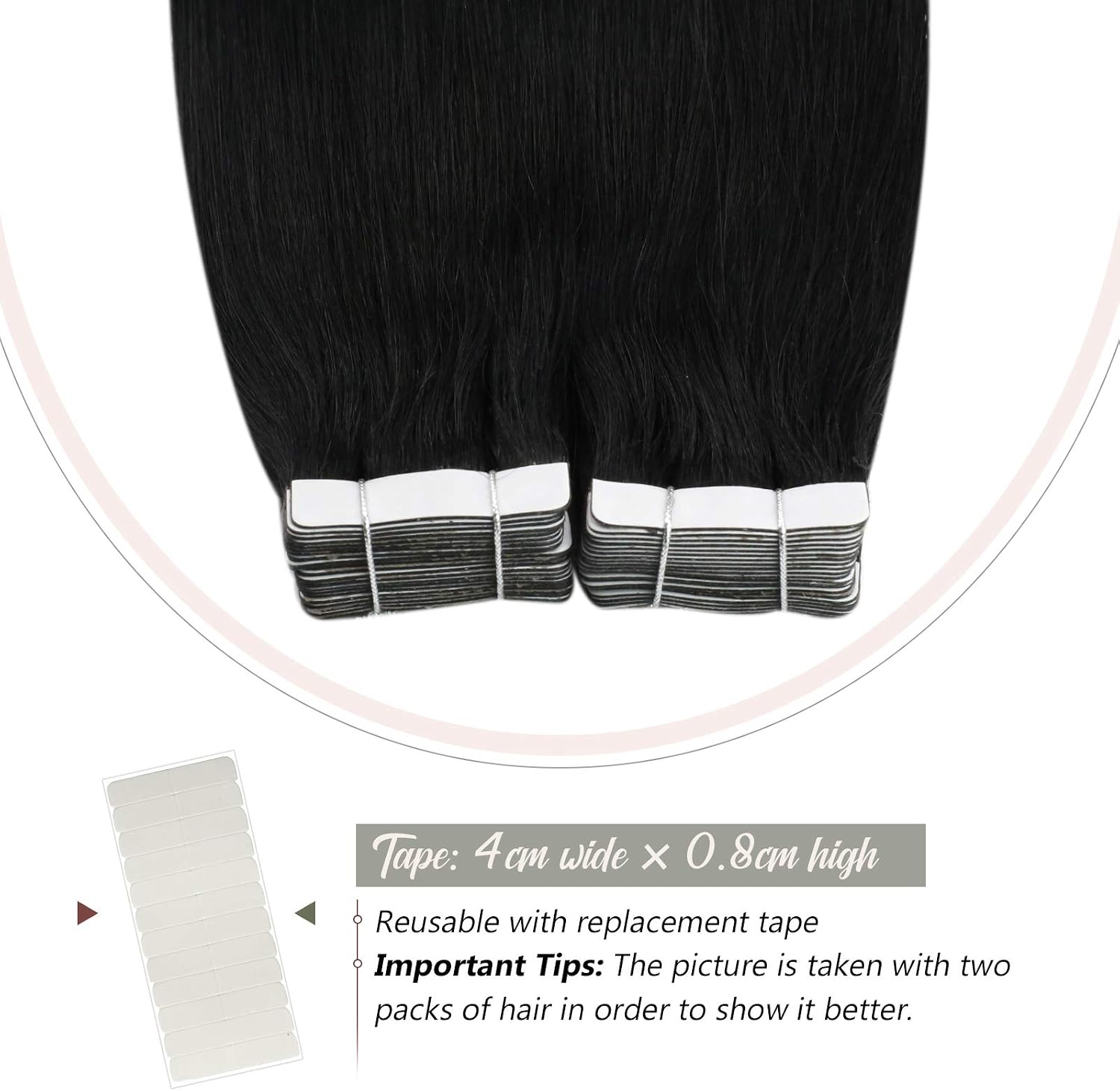 Ugeat Tape in Hair Extensions Black Tape in Extensions Human Hair Jet Black Hair Extension Tapes in 14 Inch Remy Soft Ends Easy Installation 20Pcs 40G - Image 5
