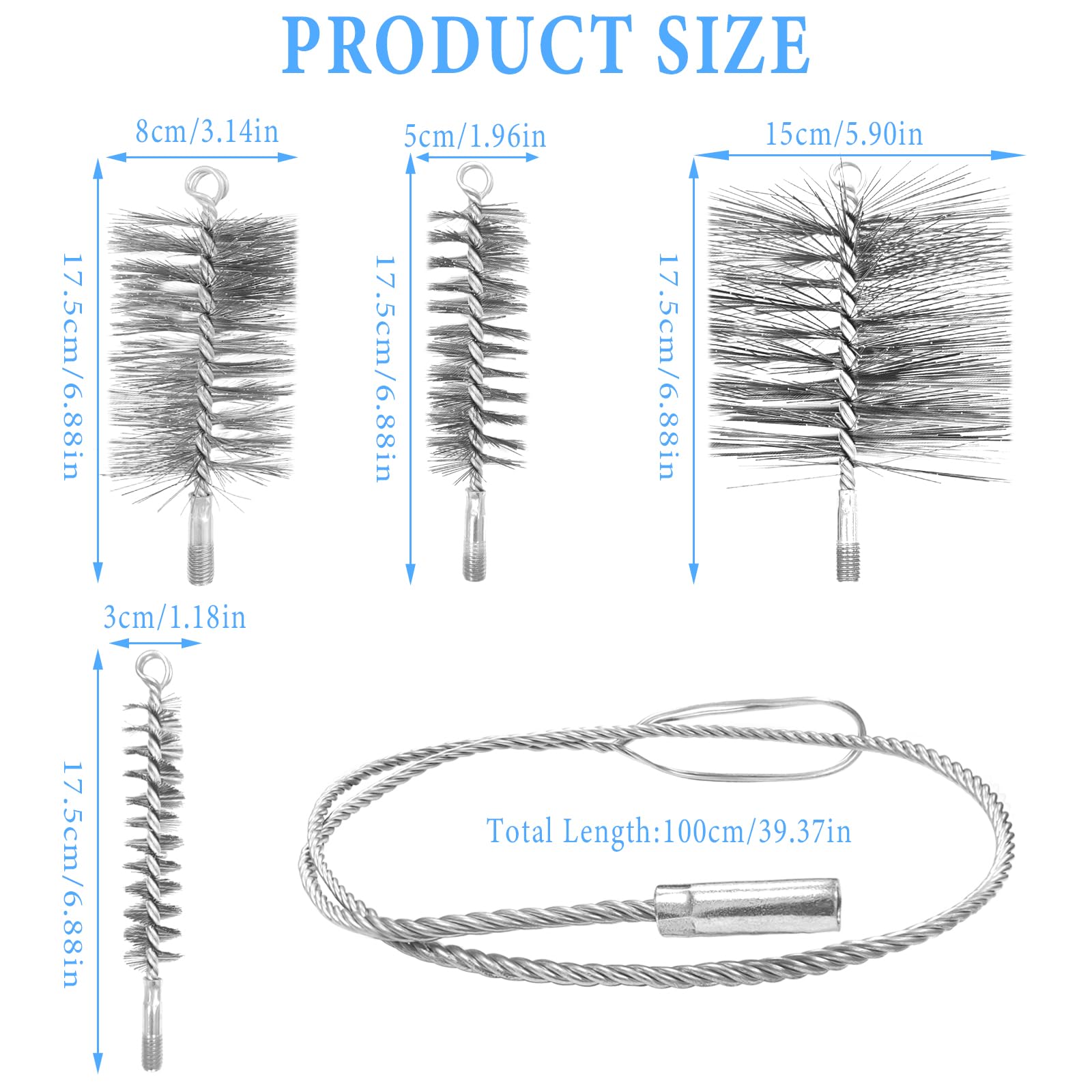Juego de 5 cepillos de Tubo de Estufa para Tubos de Estufa y Chimenea - Diámetros 30, 50, 80, 150 mm con Varilla Flexible de 1m - Acero para Limpiar Calderas, Conductos de Humos (Plateado)