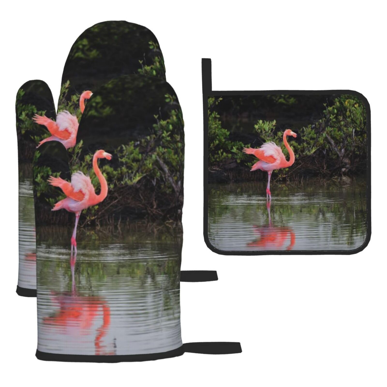 Two Flamingos Print Oven Set Kitchen Gloves Baking Grilling Microwaving Cooking Gift Everyday Holiday