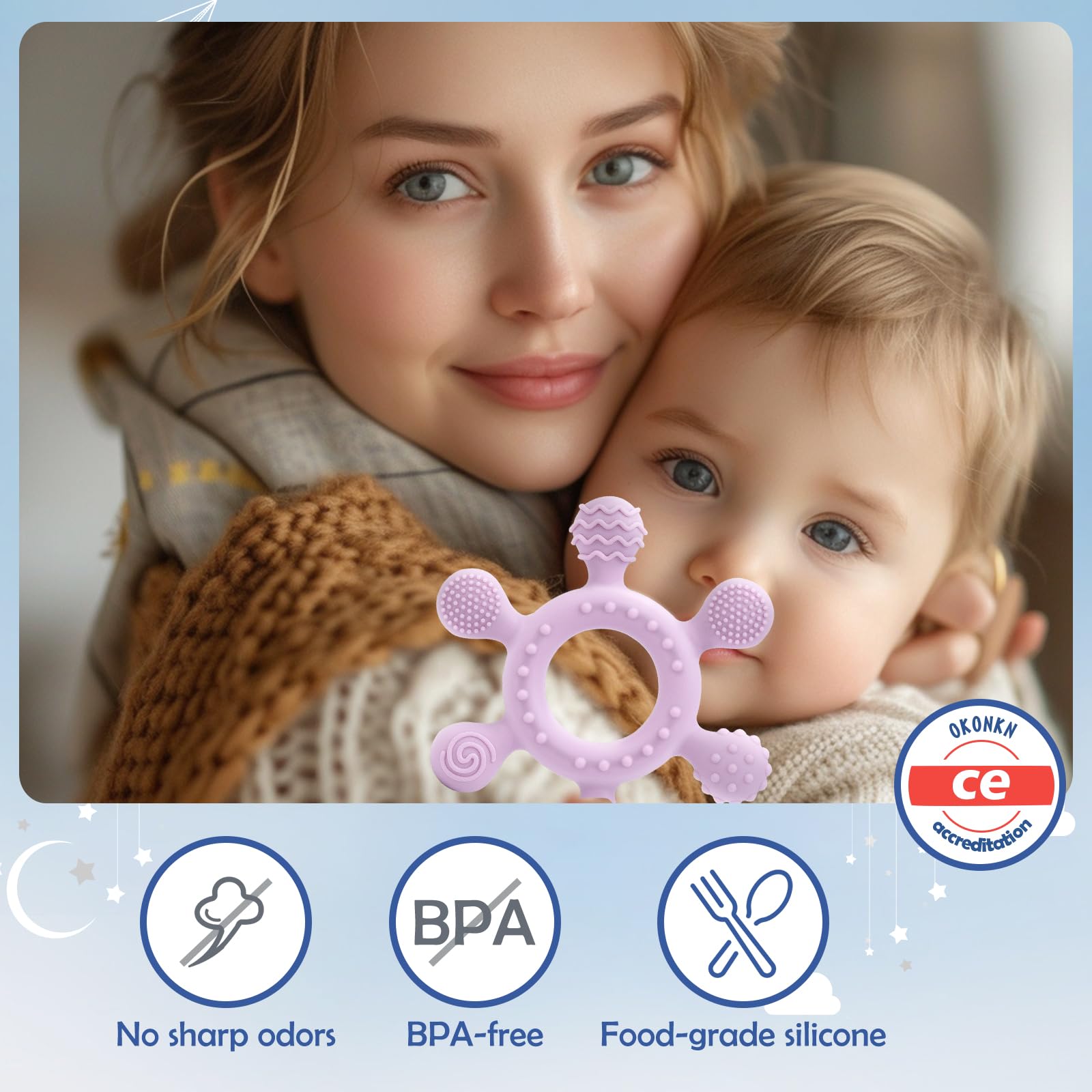 OKONKN 4 Pezzi Giochi Dentizione Neonato, 2024 Massaggia Gengive Neonati Anello per la Dentizione del Bambini, Massaggiagengive Senza BPA per neonati di età superiore ai 3-12 mesi