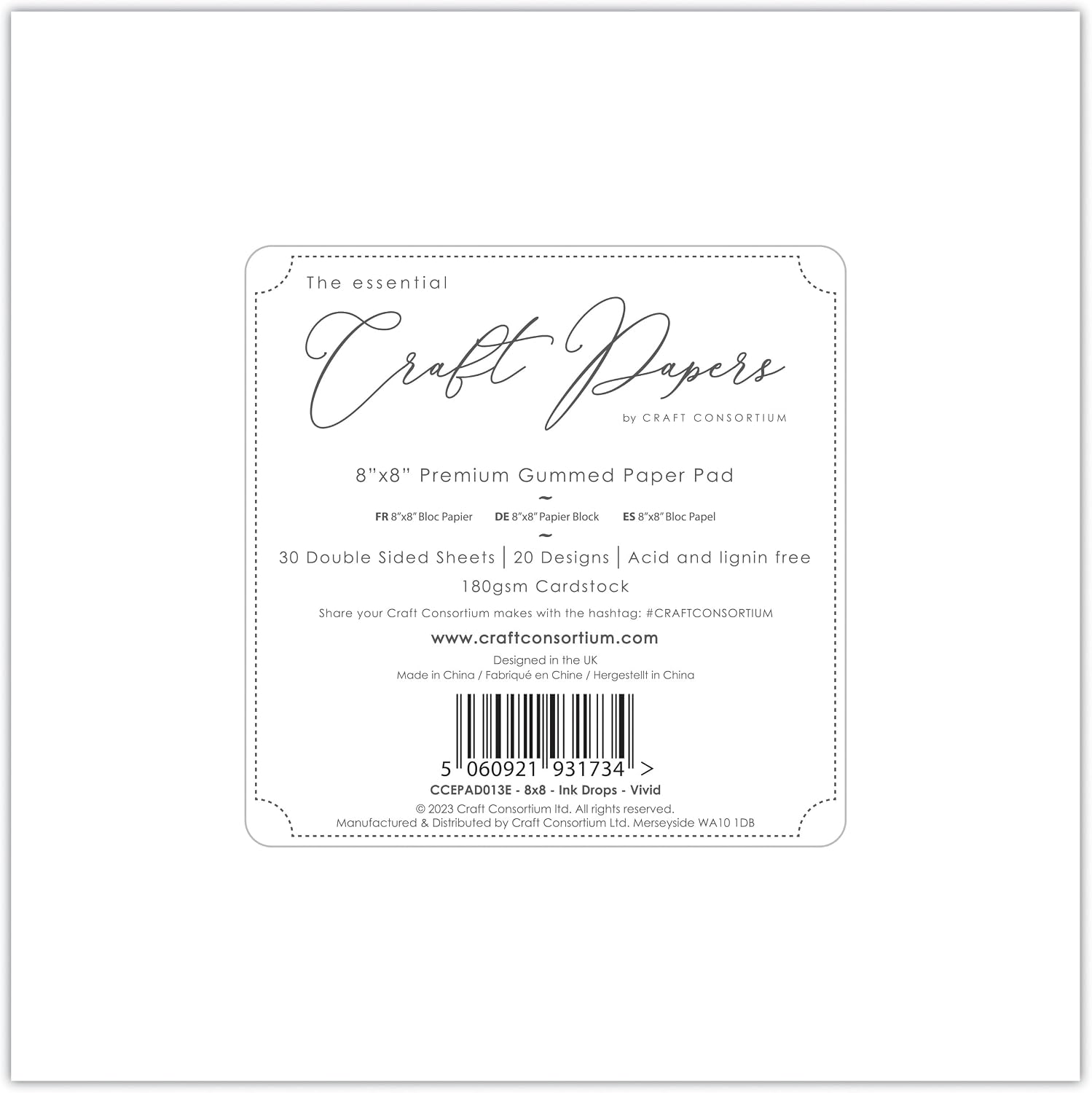 Craft Consortium Double-Sided Paper Pad 8"X8" 30/Pkg-Ink Drops Vivid, 20 Designs EPAD013E