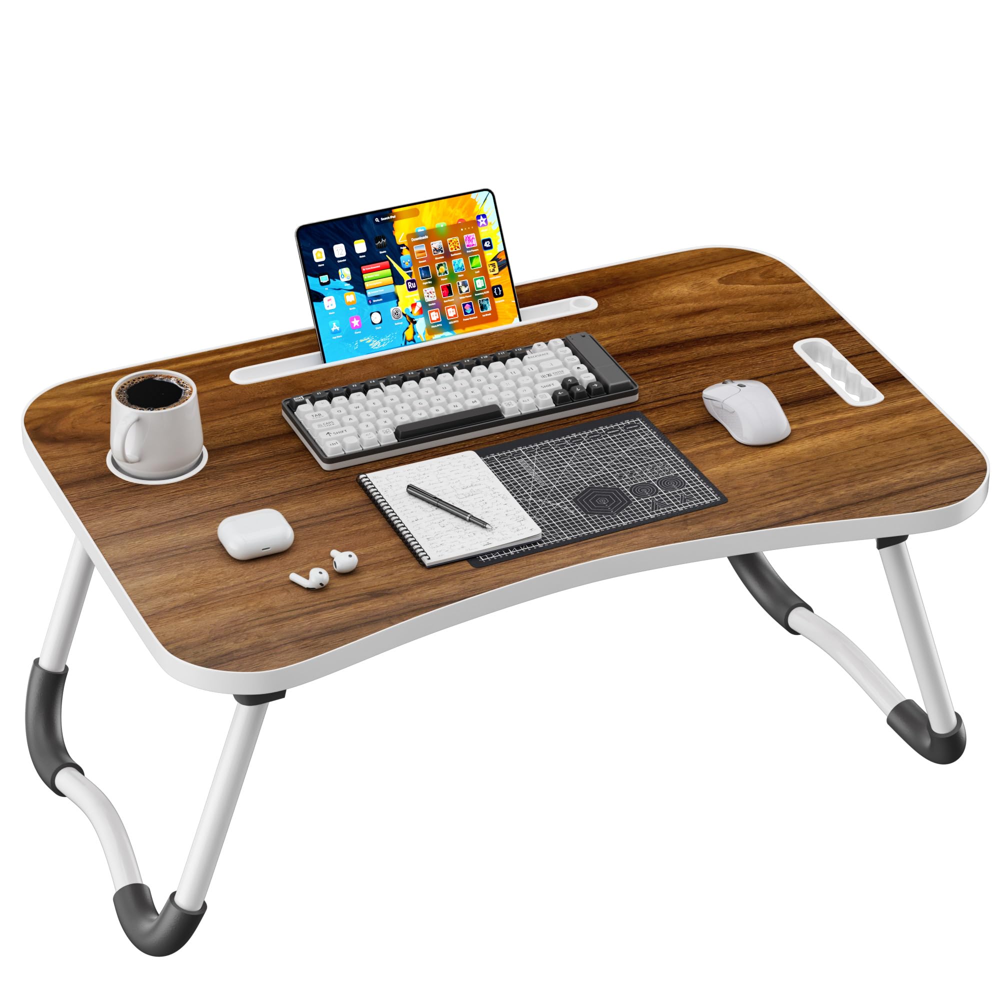 Folding Lap Desk, 23.6 Inch Wood Laptop Bed Desk with Cup Holder, Portable Bed Table for Working Writing Reading, Eating for Bed, Floor, Sofa, Couch - Brown
