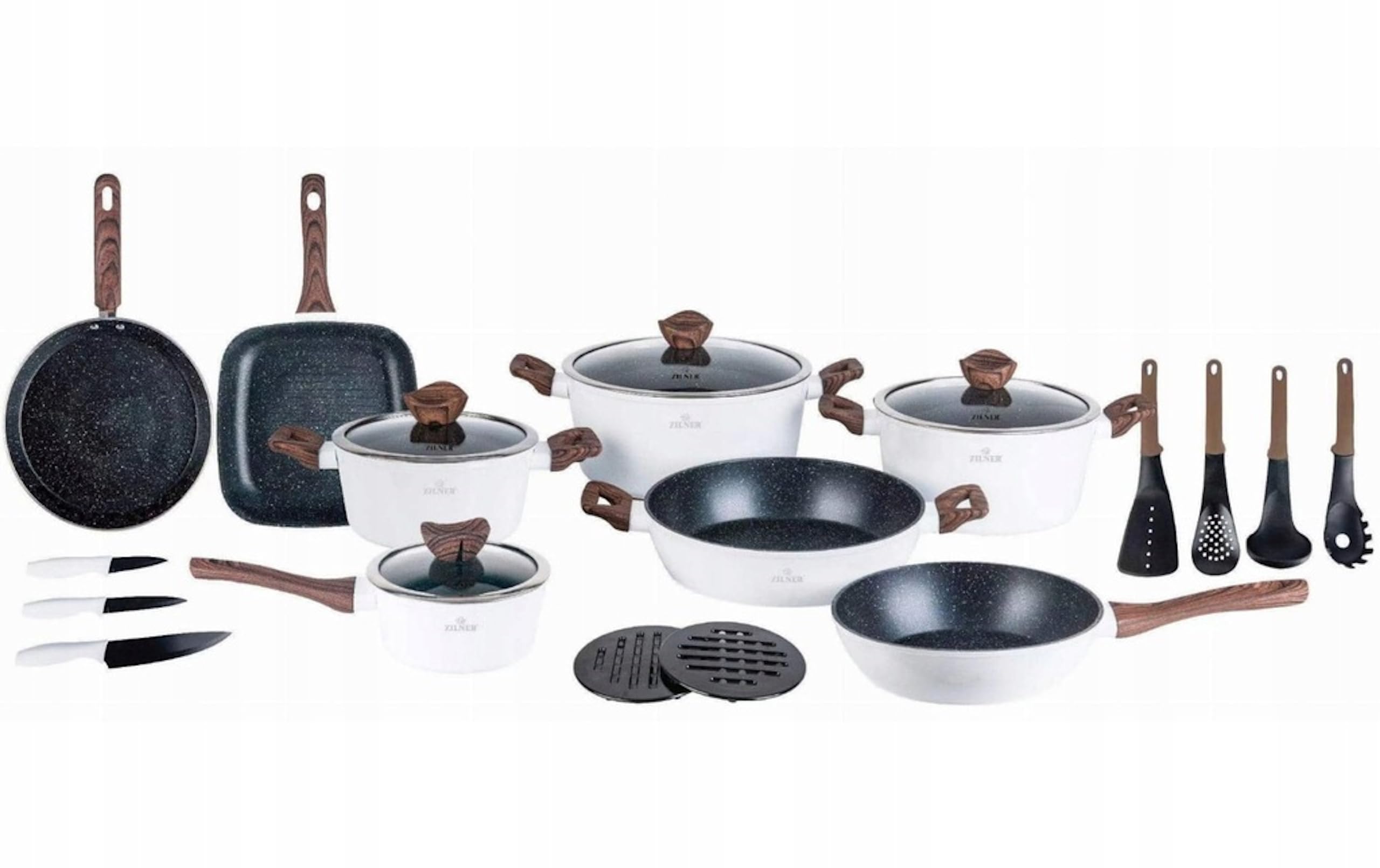 Lot de 21 Casseroles, Revêtement Marbré, Couvercles en Verre, Blanc | Compatible tous feux dont induction, antiadhésif céramique effet marbré, set complet poêles et ustensiles de cuisine