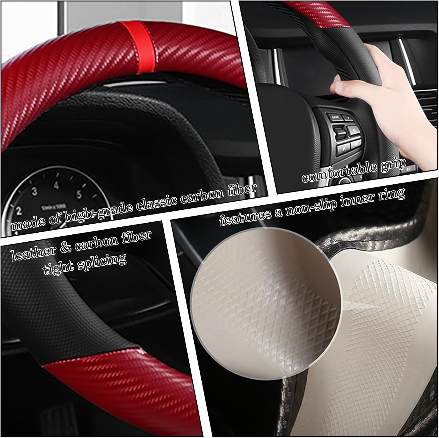 Black & Red Carbon Fiber Leather Steering Wheel Cover, Microfiber Leather, Anti-Slip, Breathable, Universal Fit for 14.5–15 in Steering Wheel Cover for Men Women - Image 5