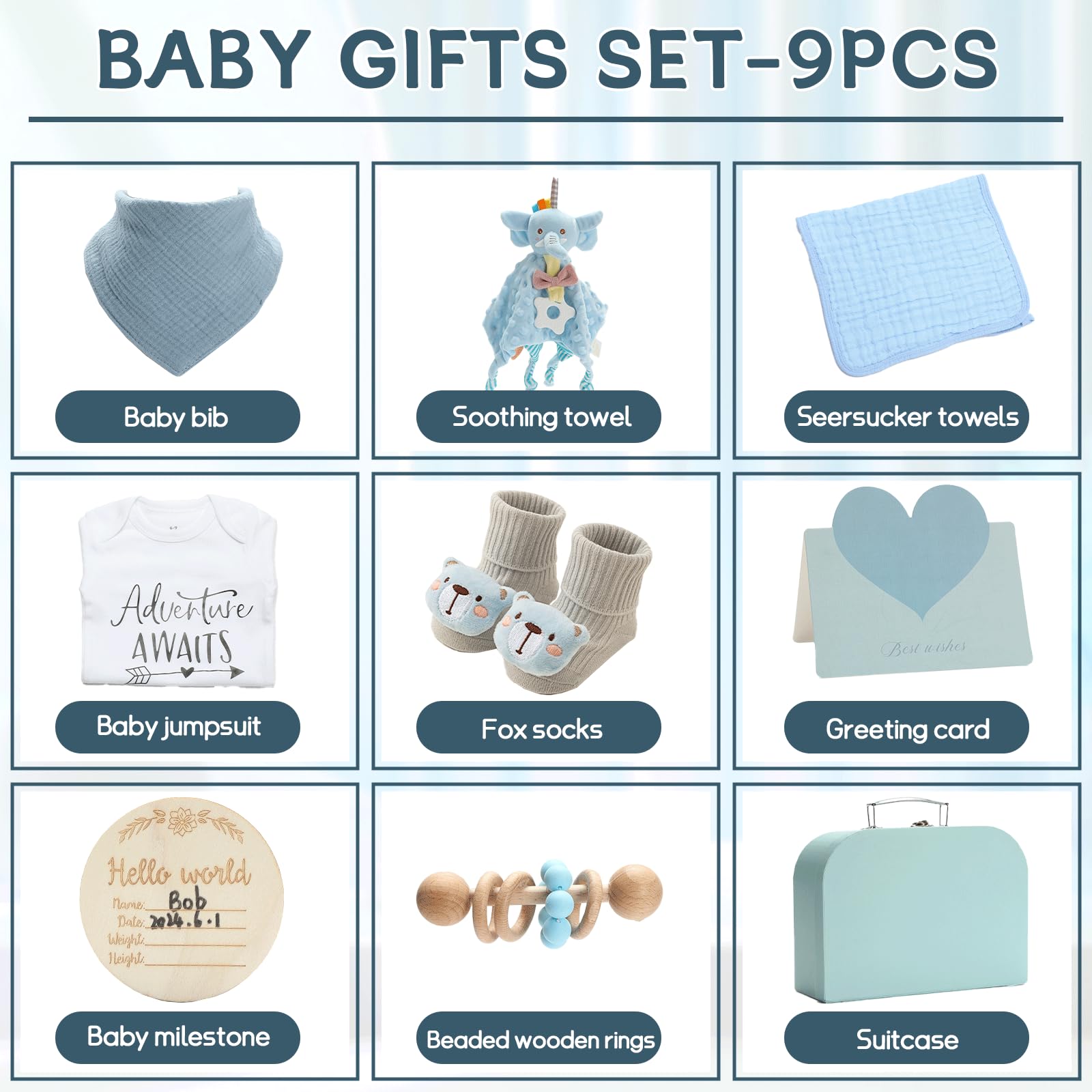 Juego de regalo para bebé, cesta de regalo para recién nacidos, recién nacidos, juego de regalo para bebé, cesta de regalo azul con sonajero, toalla de muselina, manta de seguridad, regalos de
