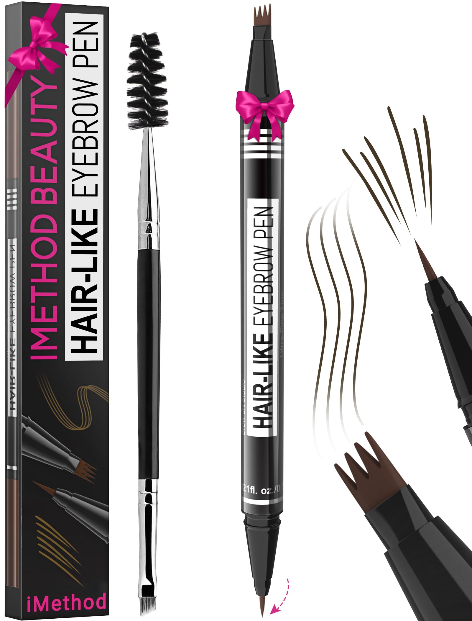 iMethodEyebrow Pen - Eyebrow Pencil Magical 2-in-1 Eye Brow Pencils for Women with 4-Fork-Tip & Precise Brush-Tip for Natural Hair-Like Brows, Last All-Day, with Eyebrow Spoolie Brush, Black Brown