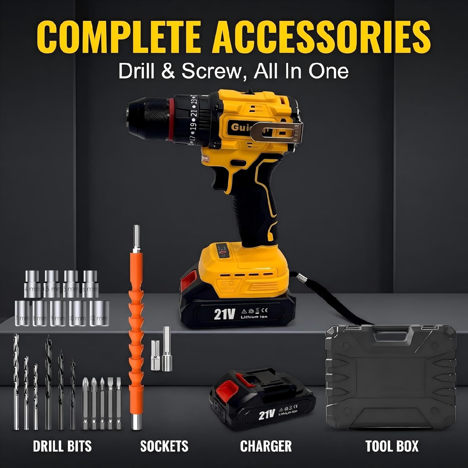 21V Cordless Drill with 2 Lithium-Ion Batteries, Power Drill Driver Set with Drill Bits, Socket Set, and Carrying Case (High-capacity Battery*1Toolbox)