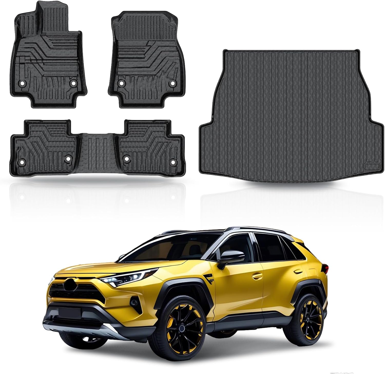 KUST Floor Mats & Trunk Cargo Mat for Toyota RAV4 2019-2025, All Weather Rear Trunk Cargo Liner for RAV4 Accessories TPE Rubber Raised Edge 4PCS For ? RAV4 2019-2025 ? Full Set