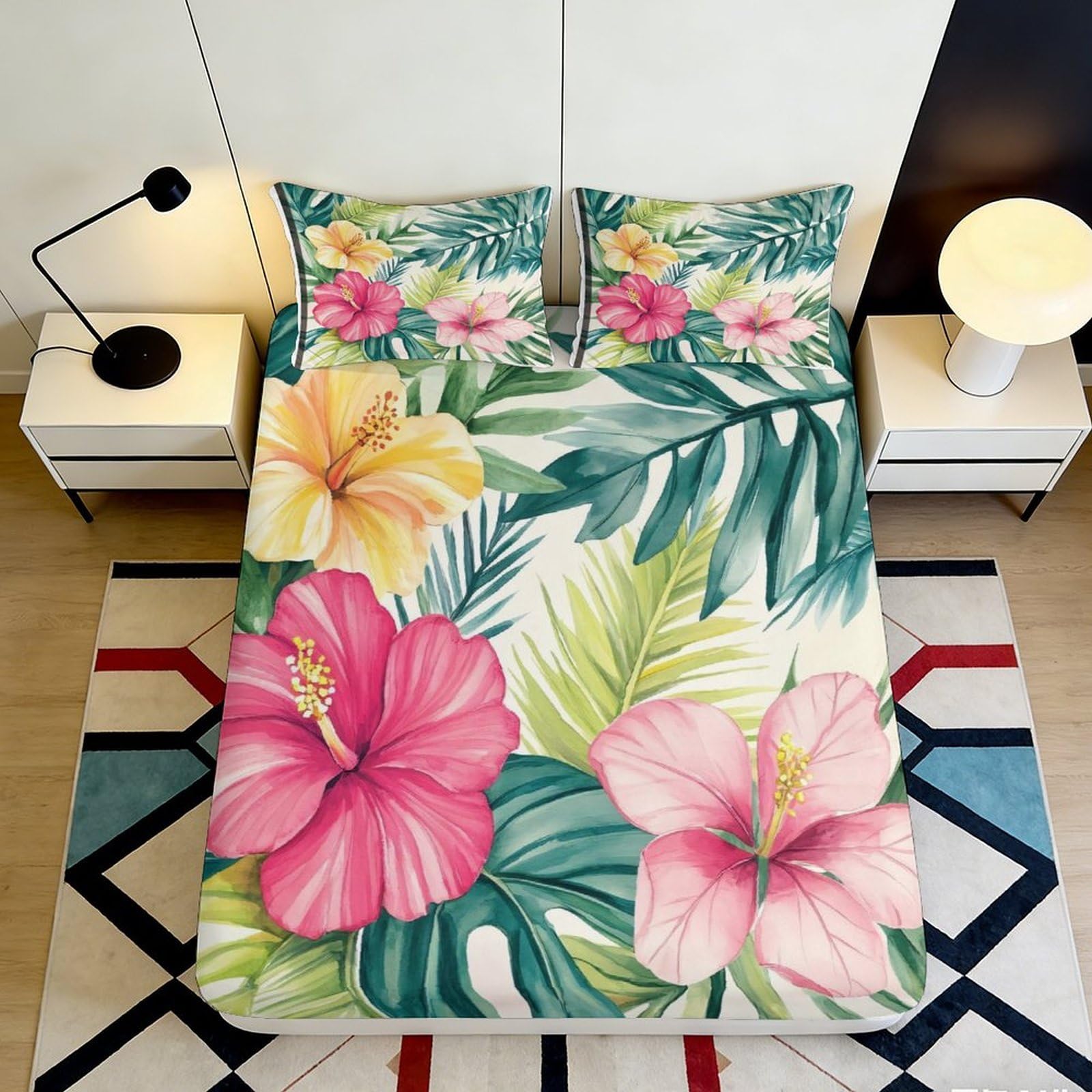 3D Printed Tropical Hibiscus Fitted Sheet Microfiber Soft Anti-Slip Leaf Mattress Cover Bedroom Decor Machine Washable 90x200x25cm