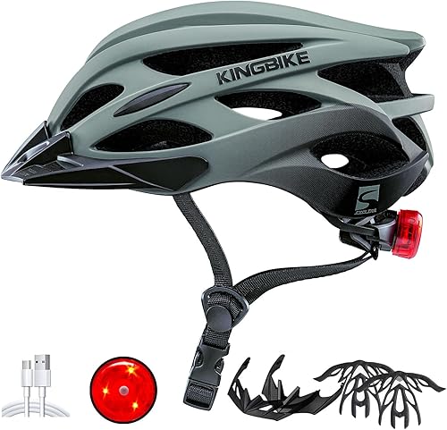 KINGBIKE Casco de bicicleta para adultos, hombres, mujeres, jóvenes, viajes, montaña, ciclismo, con luz recargable USB, acolchado reemplazable y