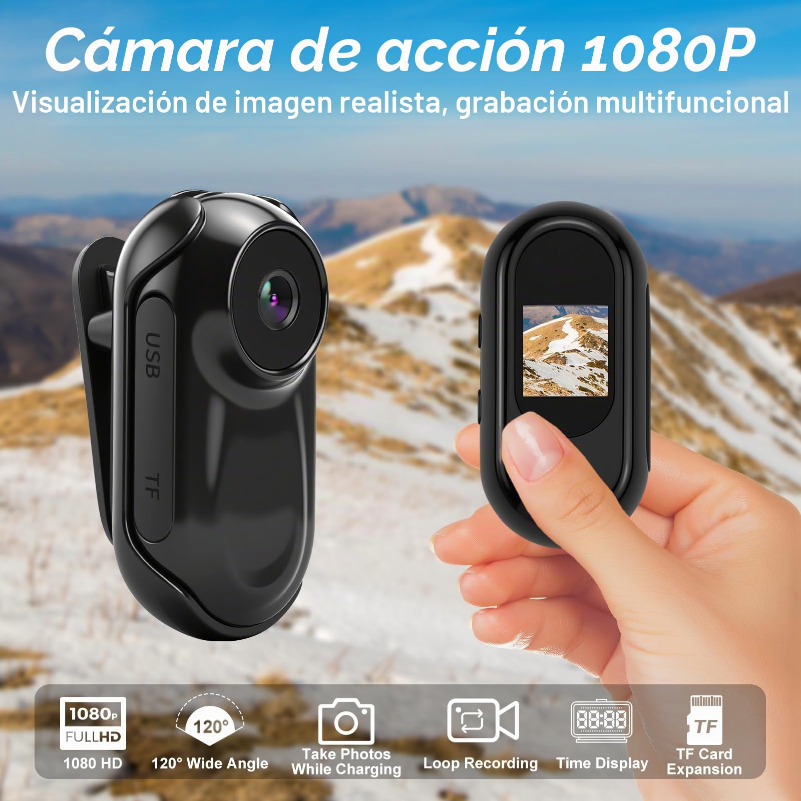 Cámara de Acción 1080P,Portátil Cámara Deportiva con Visión Nocturna 120° cámara de Casco con Pantalla 0.85'',Mini cámara de Video Corporal Camara Casco Moto,Mini Vlog Camera Video Bodycam