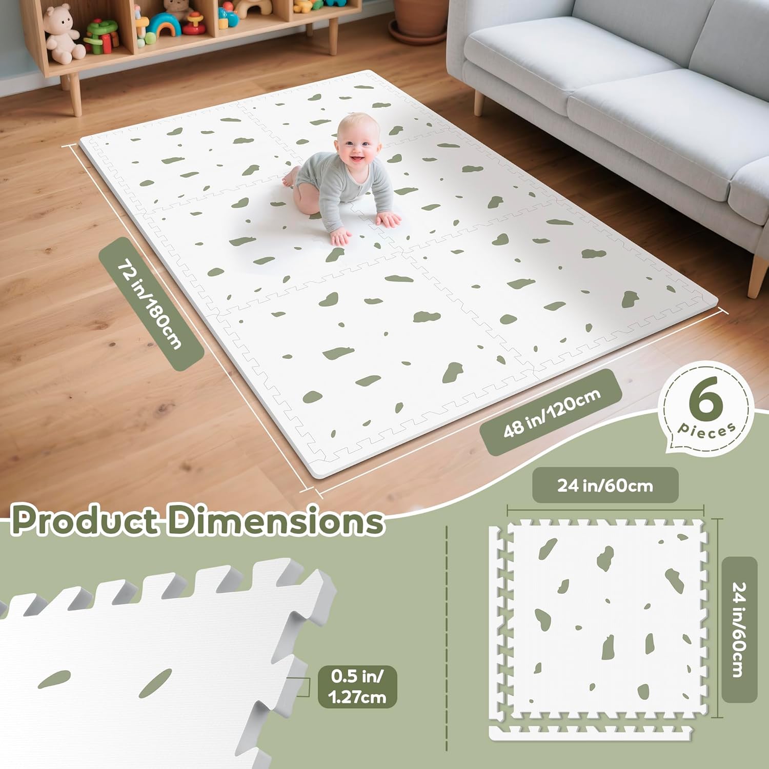 Baby Play Mat - 6Pcs Interlocking Foam Tiles,72"x 48" Baby Crawling Mat for Tummy Time, Non-Slip Foam Puzzle Floor Play Mat for Kids and Babies, Safe & Non-Toxic Playmat for Babies 6-12 Months