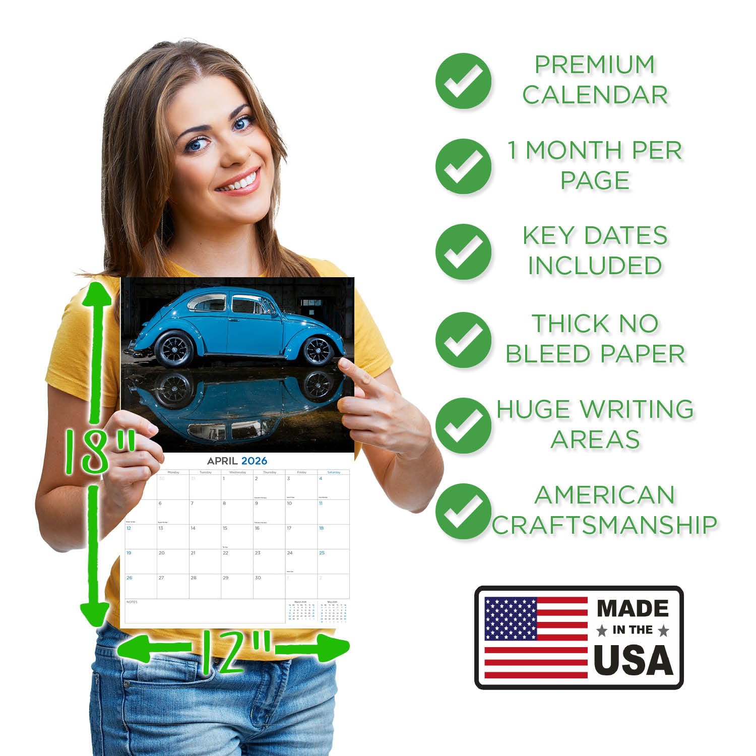 Calendario 2024 2025 con scarabeo – Calendario mensile da parete con auto d'epoca – 30,5 x 45,7 cm aperto – carta spessa senza sbavature – idea regalo – calendario per insegnanti accademici per