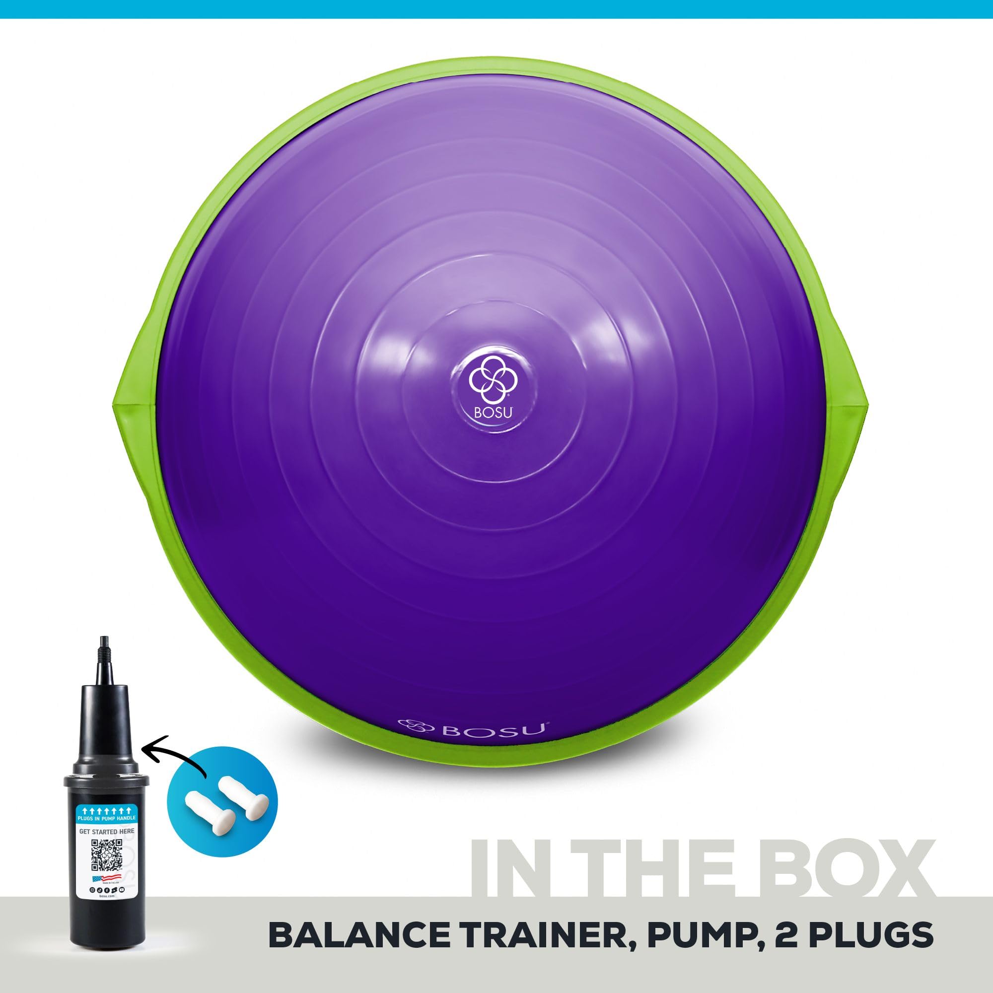 Bosu Balance Ball Trenażer równowagi, sprzęt do ćwiczeń w domu z przewodnikami treningowymi i pompką, 66 cm, niebieski – nadmuchiwana platforma fitness do treningu siłowego, ćwiczeń, równowagi