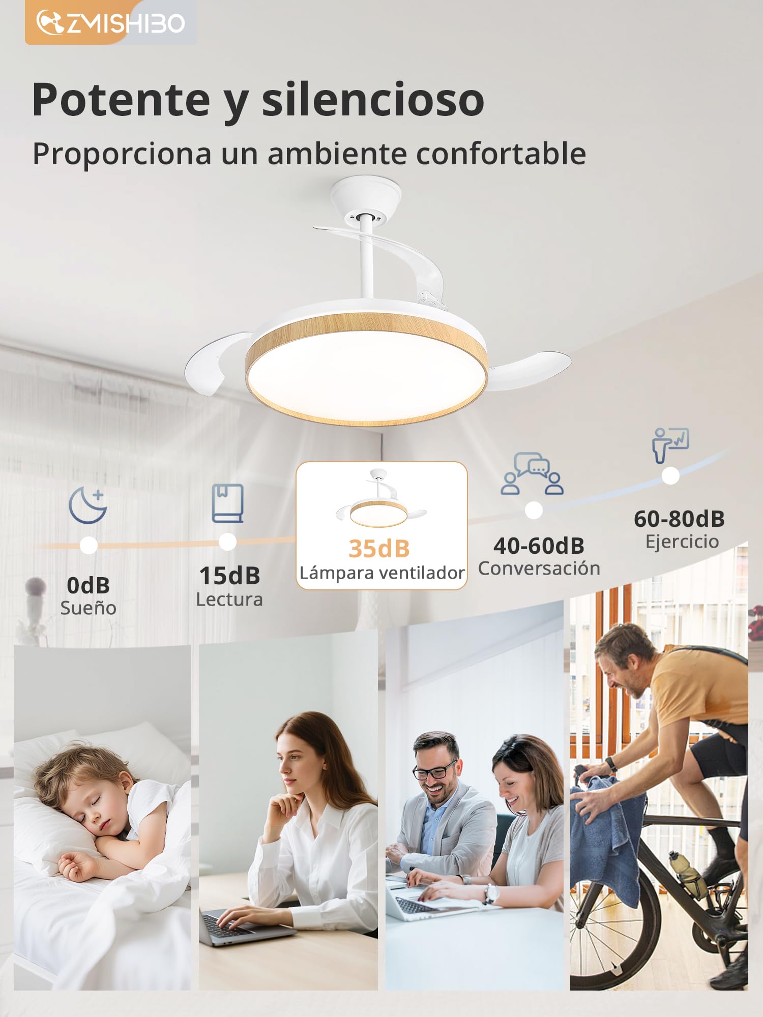 ZMISHIBO Ventilatore da soffitto con luce 106 cm, ali invisibili, CCT 3000 K – 6500 K, funzione estiva e invernale, motore DC 30 W + LED 38 W, 6 velocità, silenzioso, timer 2 h/4 h, legno chiaro