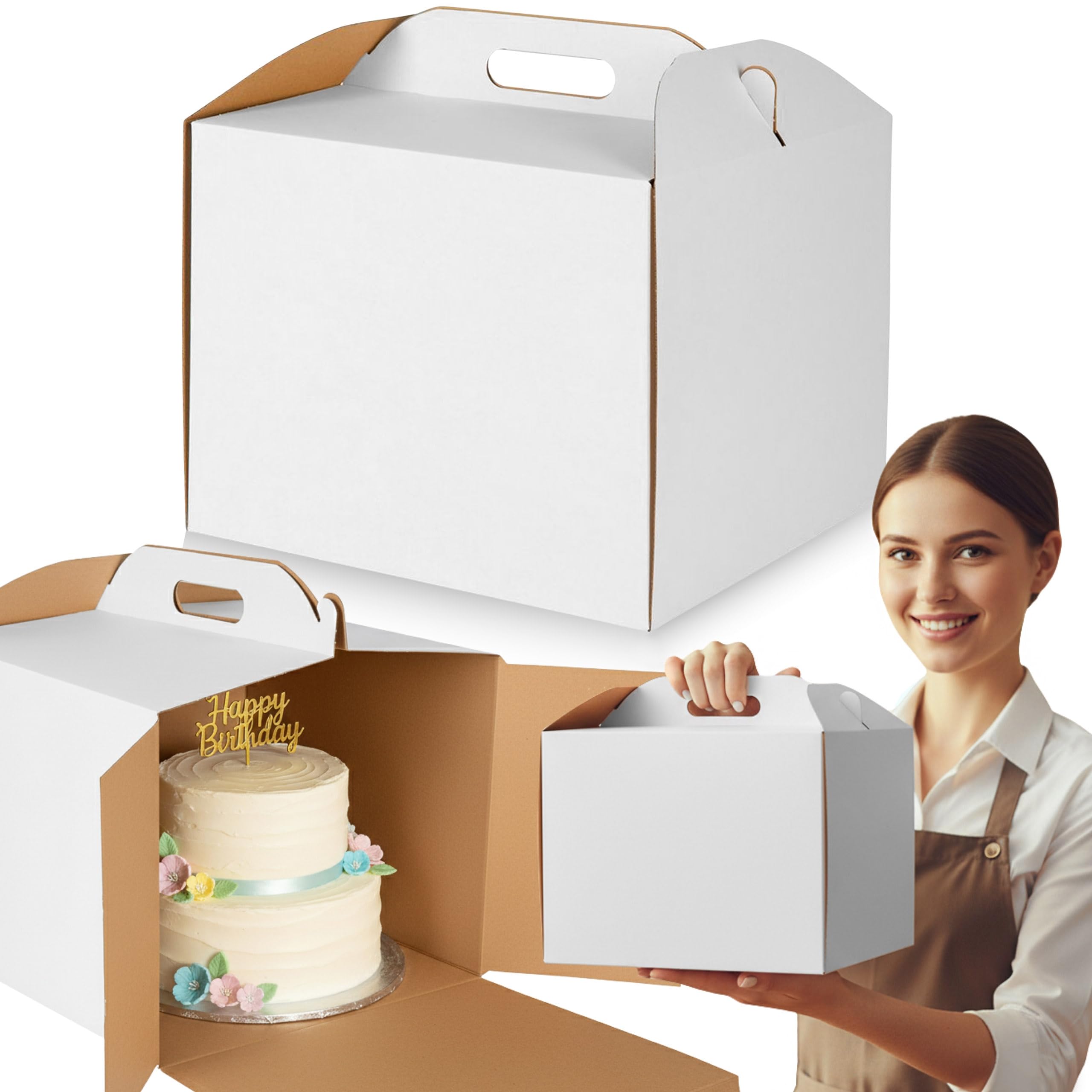 sarcia.eu Caja de cartón blanca para tarta, embalaje de pastelería con asa, caja de catering sólida (10, blanco, 26x26x25cm)
