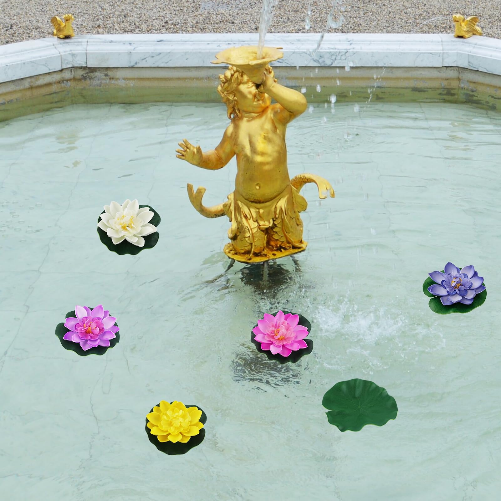 Set di 5 ninfee artificiali e fiori di loto con 2 foglie, decorazione per laghetto galleggiante, per esterni, acquari, piscine, patio