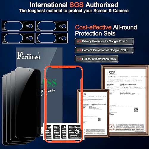 Miniatura 3 de Ferilinso Paquete de 4 protectores de pantalla de privacidad para Google Pixel 8 con 4 protectores de lente de cámara de vidrio templado, accesorios