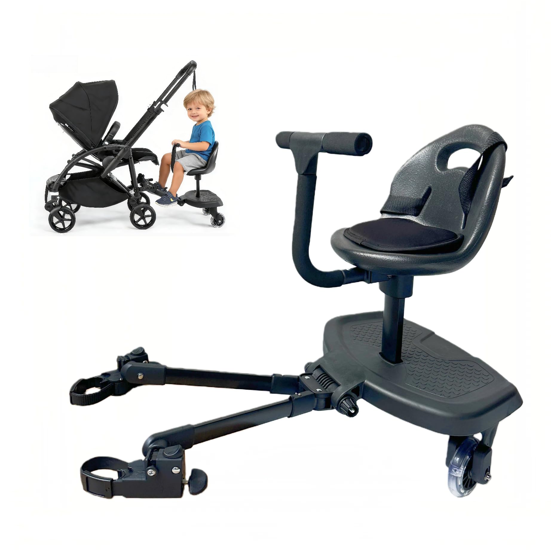 Photo 1 of Toddler Stroller Board Attachment with Detachable Seat, 2-in-1 Sit and Stand Ride-On Board for Full-Size, Standard & High-Seat Strollers, Adjustable Connector, 360° Wheels, Black