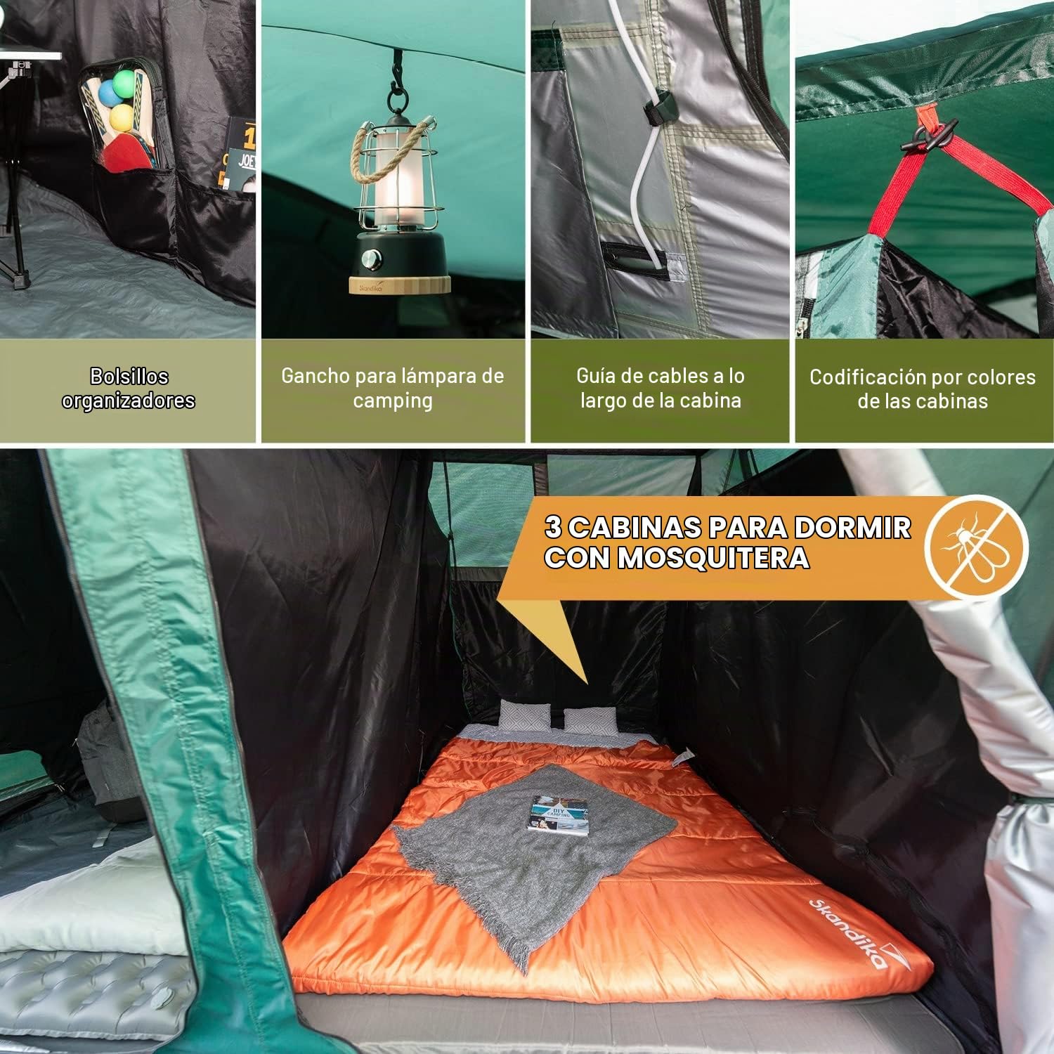 skandika Montana Protect 8 - Tienda campaña - túnel - 4 cabinas - 700x310cm - Suelo Cosido en Forma de bañera - Columna Agua 5000 mm