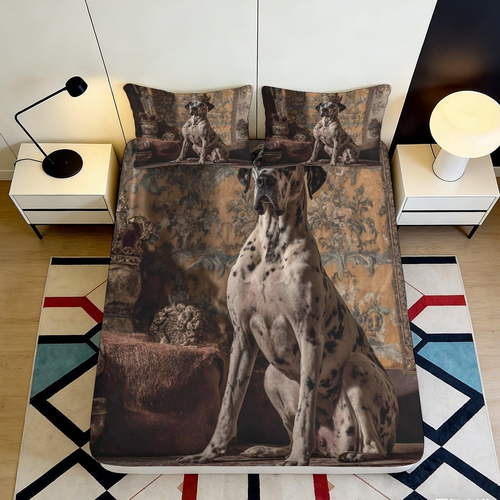3D Printed Vintage Great Dane Fitted Sheet Microfiber Non-Slip Mattress Cover for Bedroom Guest Room Easy Care 120x200x25cm