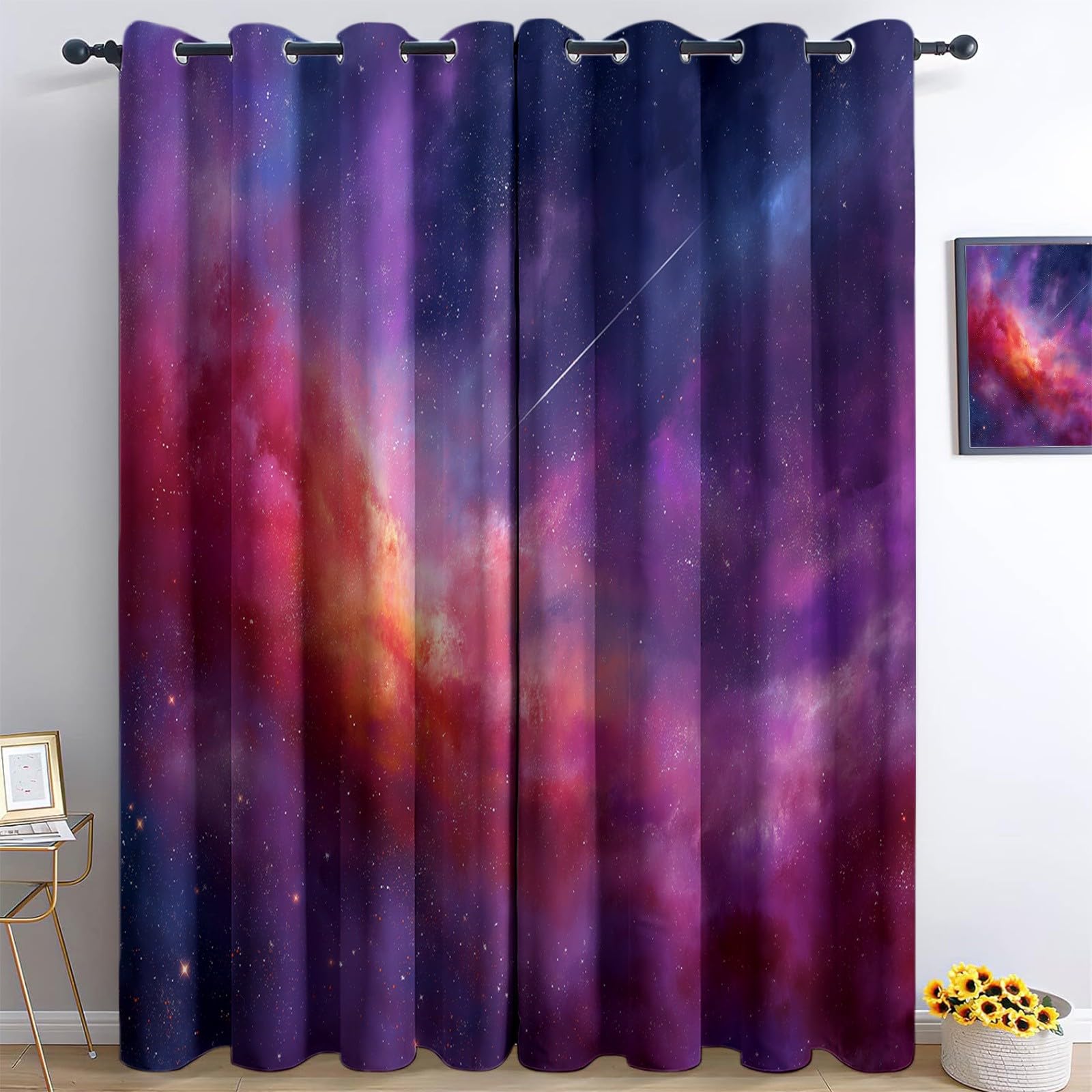 Générique Rideaux Occultants Météore Nébuleuse Lot de 2 Panneaux 140 x 260 cm, Isolation Thermique et Anti-Bruit à Œillets, Espace Univers Déco Douce pour Chambre Fille Violet Foncé