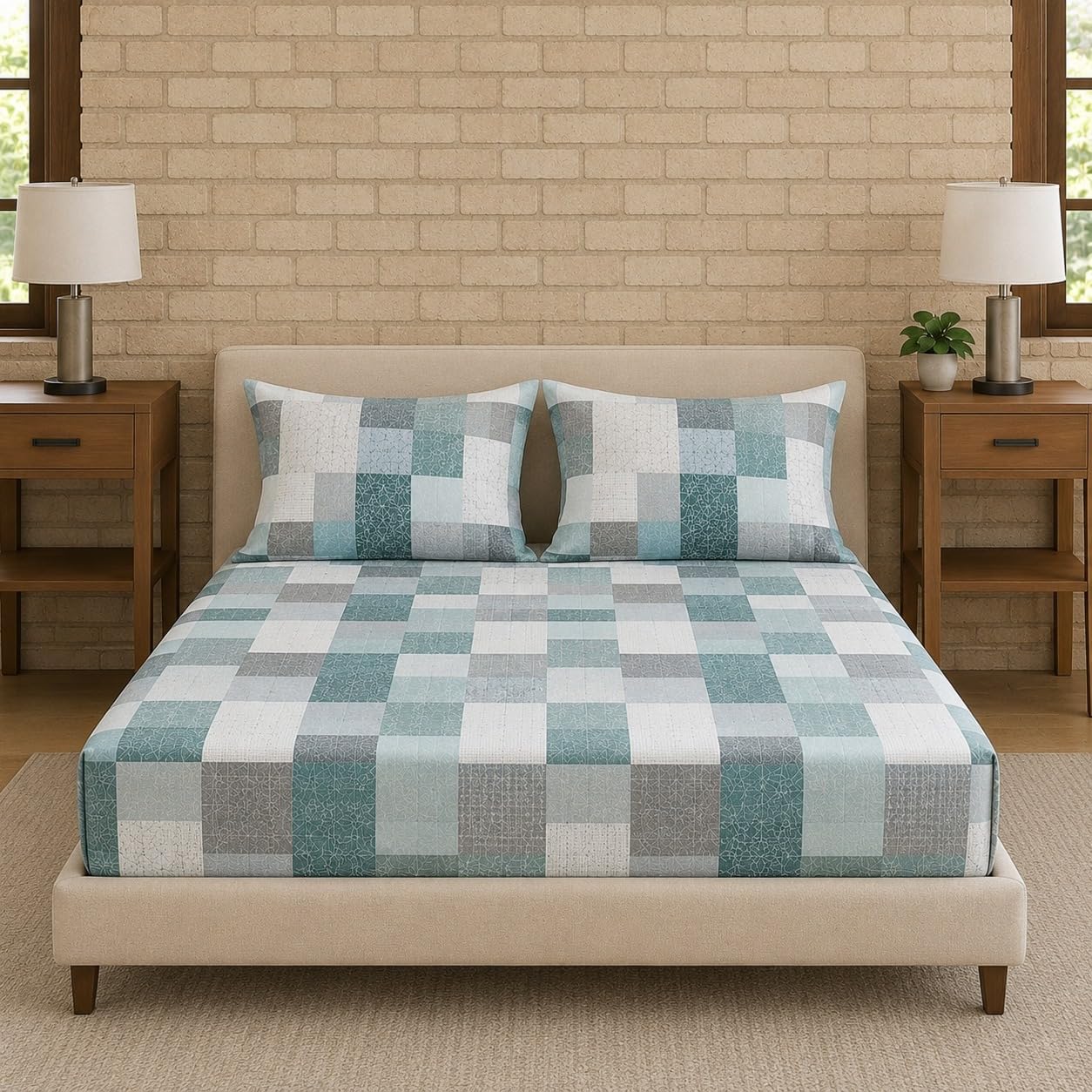 Trance Home Linen 100% Cotton 144Tc Elastic Fitted Bedsheet | Printed Twin Size Bed Elasticated Fitted Bedspread with 2 Pillow Covers (75X48 Inch, Abstract Green)-picture-20