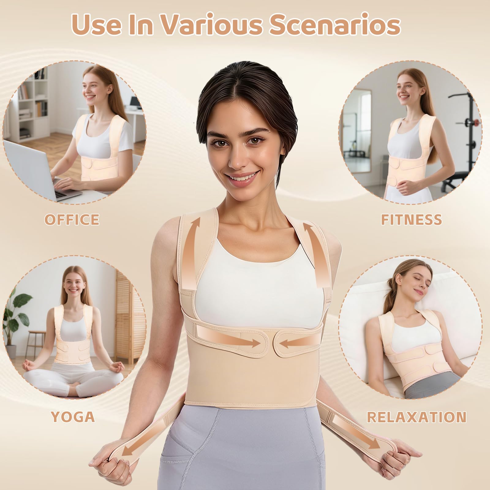 Rücken Geradehalter, Schultergurt Haltungskorrektur Damen und Herren, Atmungsaktiv und Verstellbar Rückenstütze die Taille, für lange Büroarbeit, Studium und Sport (Beige, M)