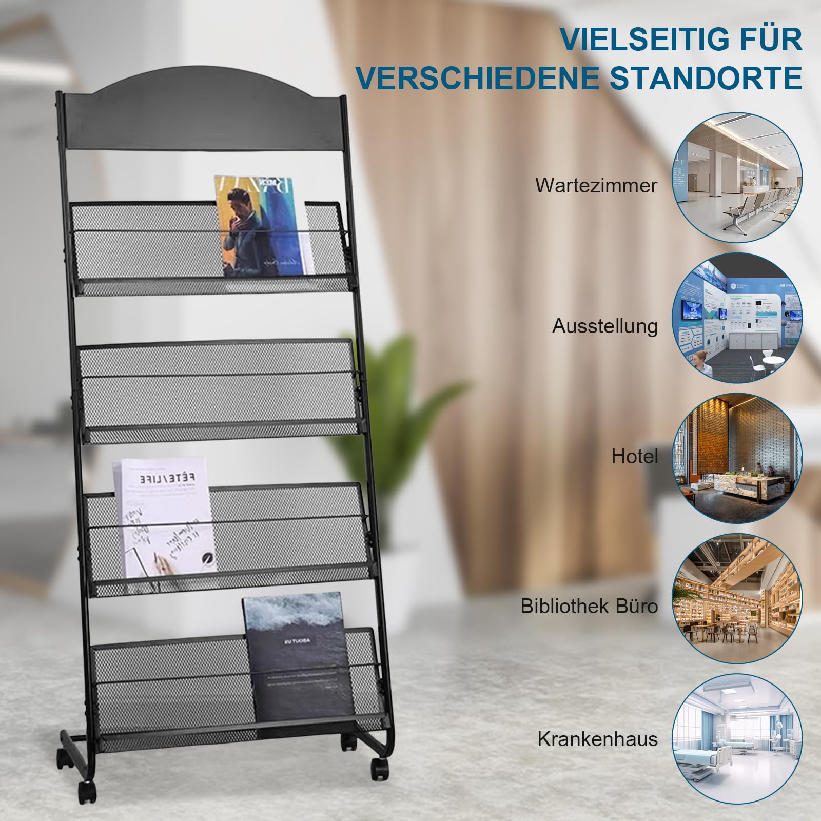 Présentoirs Support Au Sol Porte-brochures,Porte-revues,Présentoir à livres,Kiosque à Journaux Titulaire,3 feuilles A4 de largeur,Porte-revues,Avec roues universelles,Noir