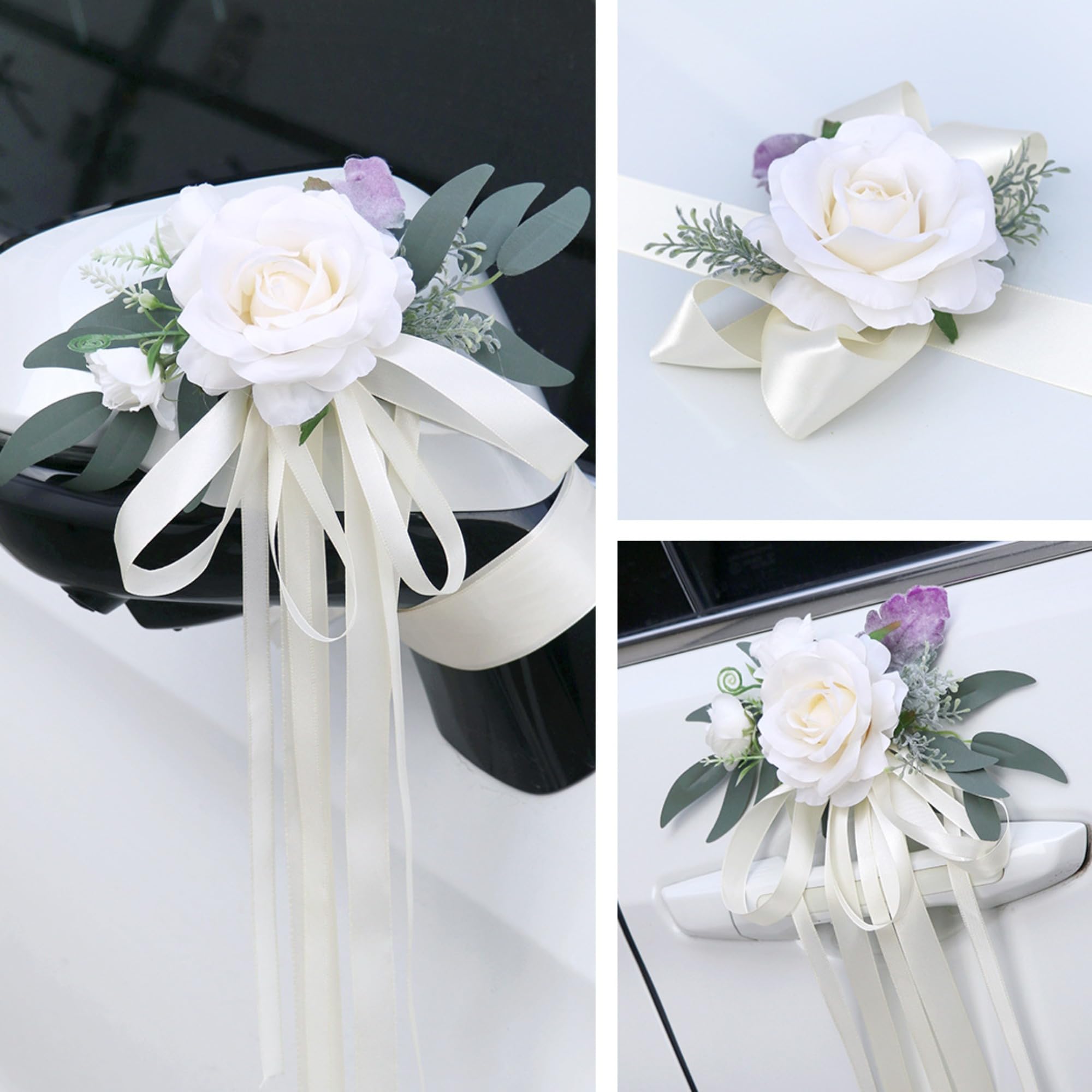 10 Stück Autoschmuck Hochzeit, Auto Hochzeitsschmuck mit Saugnapf, Weiß Auto Verschönert Rückspiegel Türgriff Motorhaube Hochzeitsdeko für Brautauto