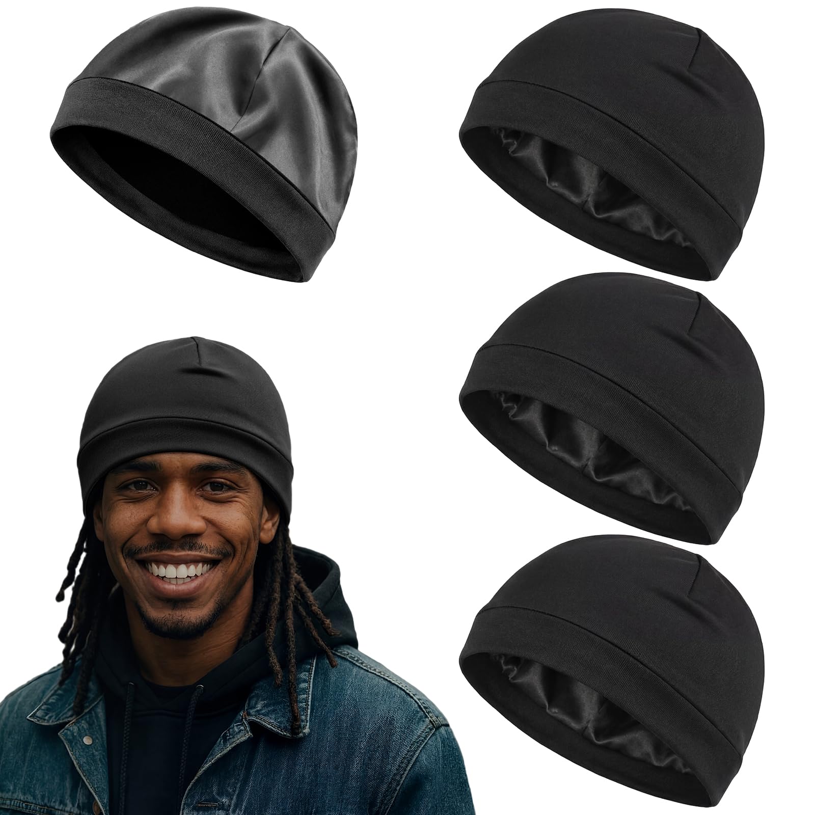 Unittype 4 Pcs Satin-Lined Skull Cap Satin Interior Lined Beanie Cap Wearable Night Sleep Hat for Men Women Hair Protection