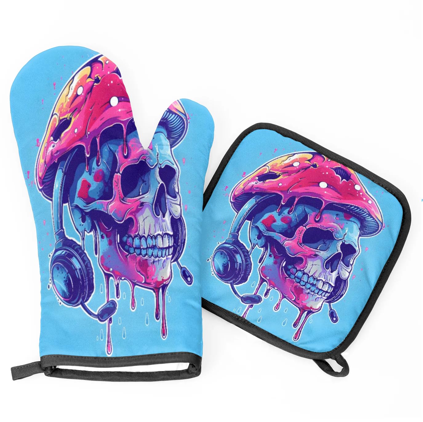 Mushroom Hat Skull Oven Mitts Kitchen Oven Gloves for Cooking Baking Heat Proof Lining Cotton Kitchen Potholder Mittens Pot Holders Hot Pads for Chef Women Men