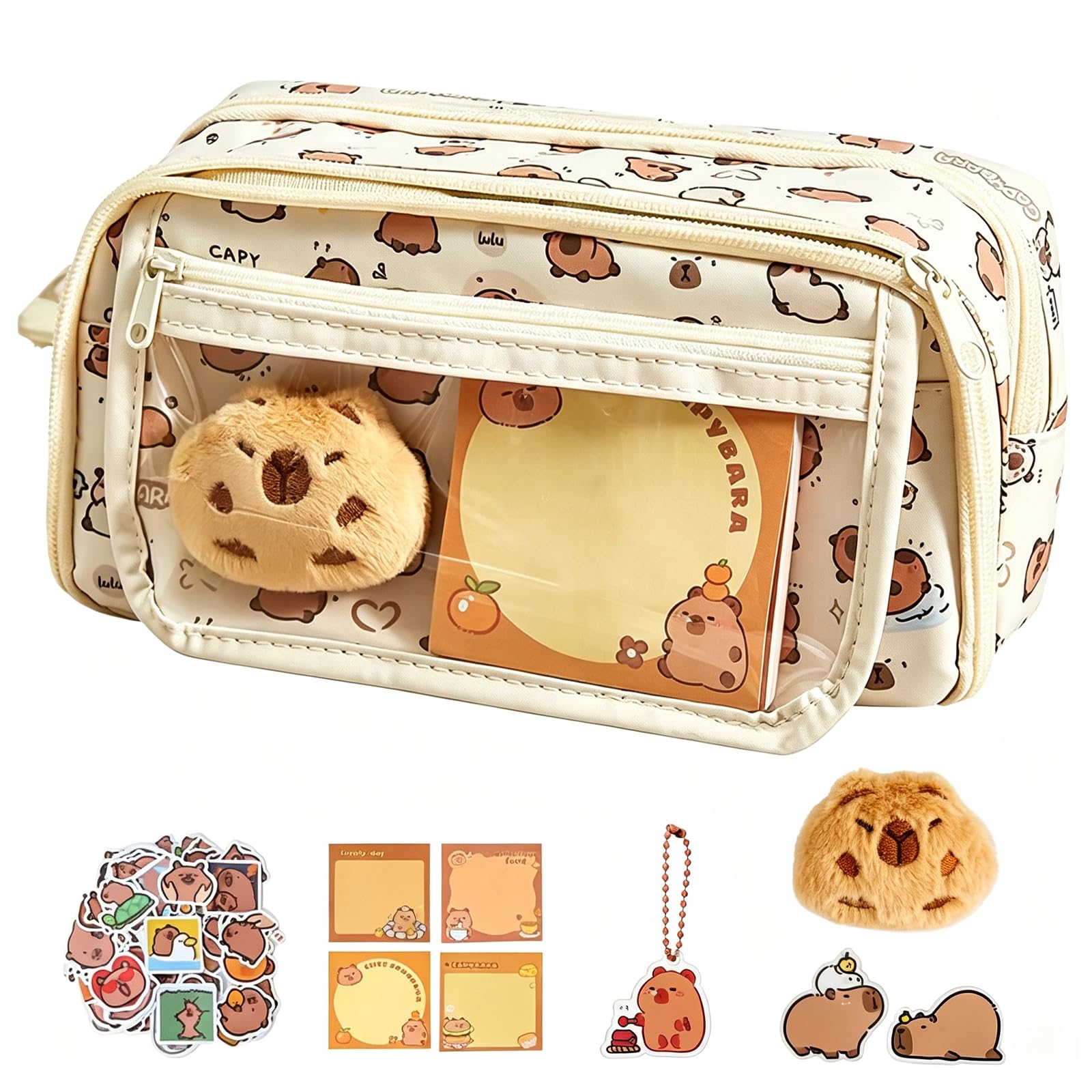 XZSKD Capybara Pencil Case, 26-Piece Capybara Stationery Set with Stickers Brooches Pendant Sticky Notes and Plush Toy