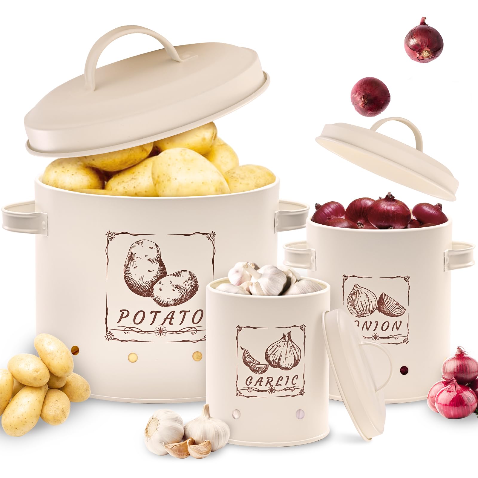 Lot De 3 Boîtes De Rangement Pour Pommes De Terre, Oignons Et Ail Avec Couvercle Et Aerations Metal Blanc Relaxdays 98922255
