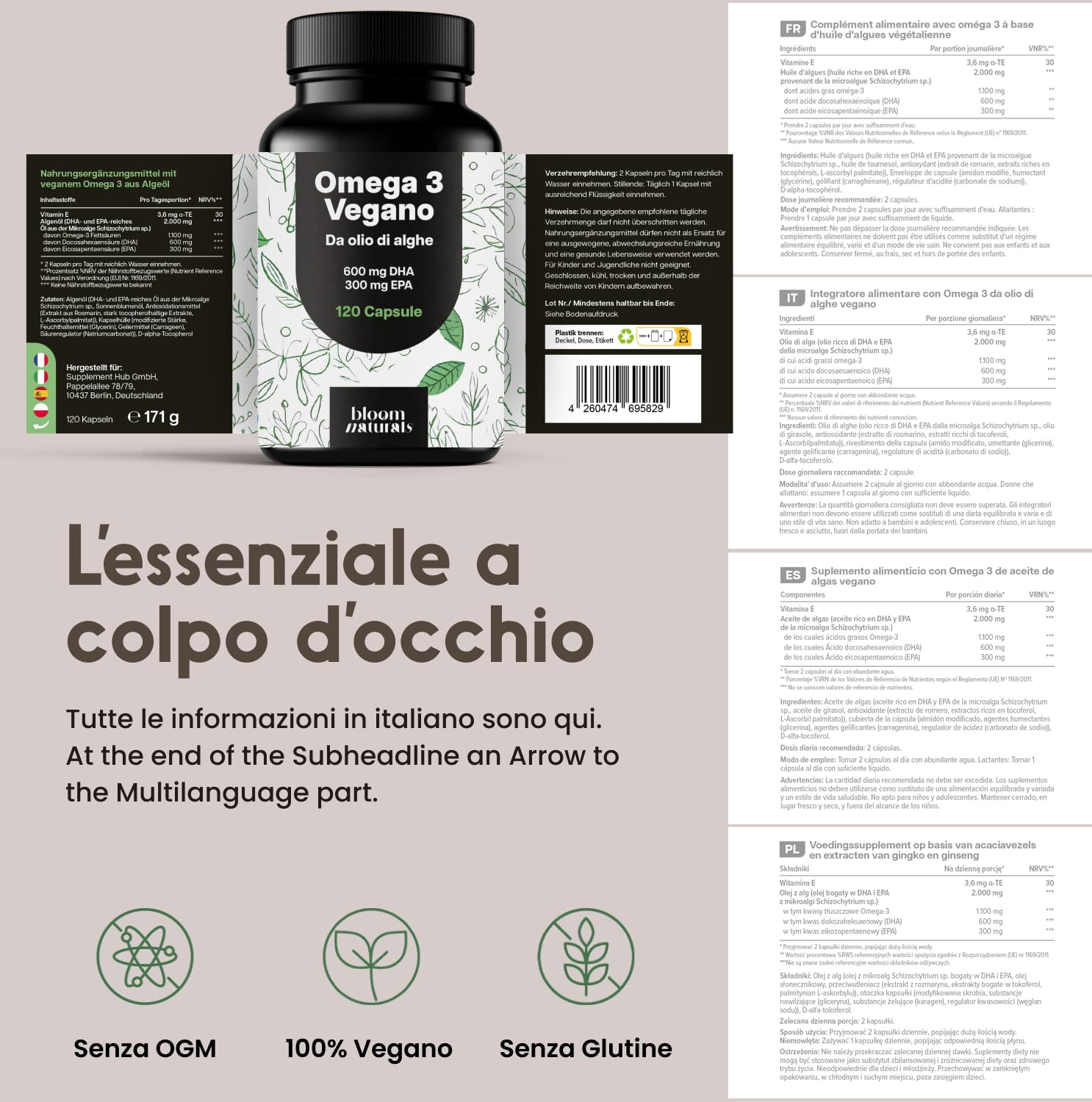 Omega 3 Capsule – 120 Capsule – 2000 mg Olio di Alghe | DHA 600 mg, EPA 300 mg – vegano, prodotto in Germania, testato in laboratorio