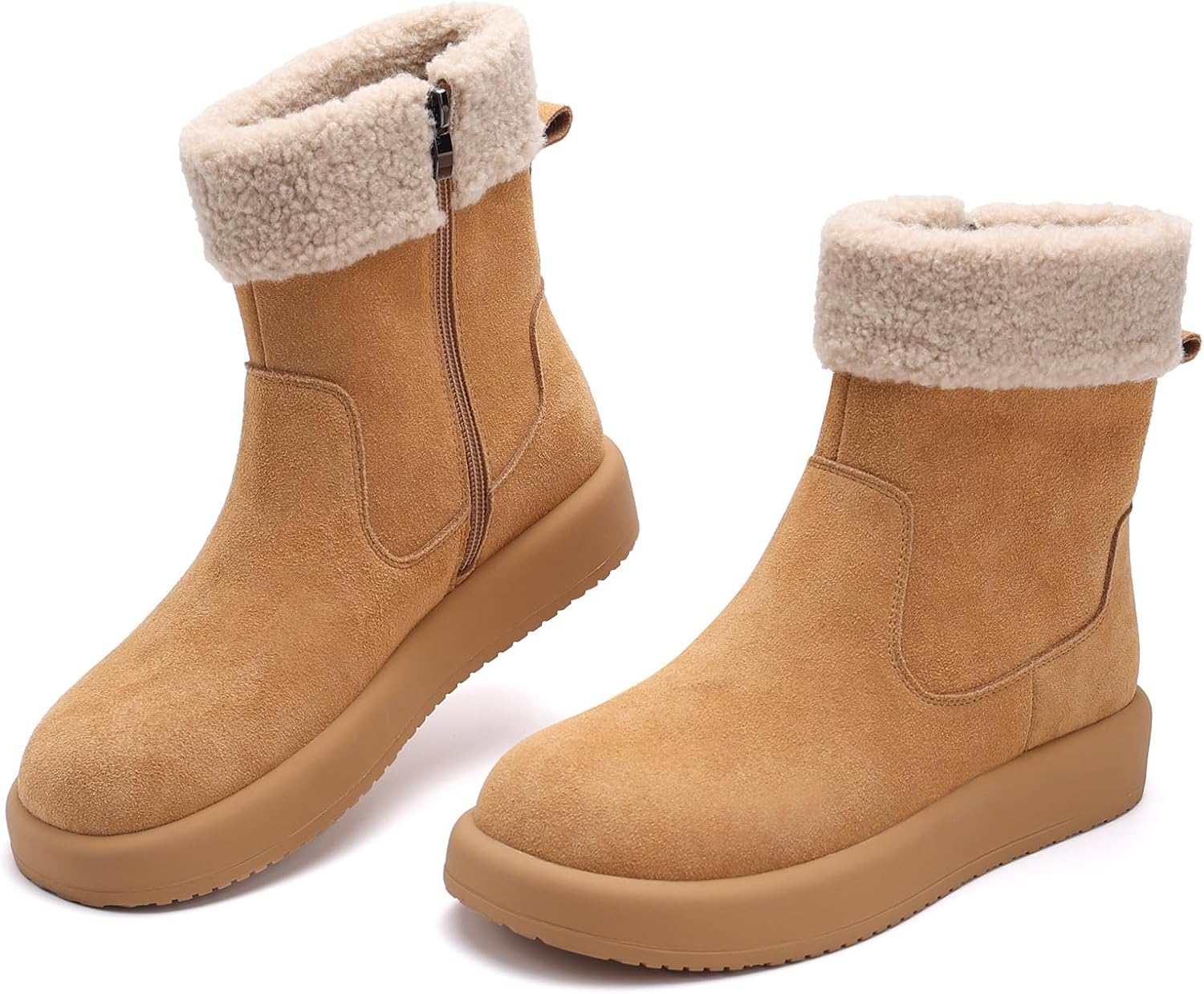 Women's Mid-Calf Winter Boot,100% Soft Waterproof Cow Suede Leather,Soft Fur lining with Comfortable Insole Womens Snow Boots,Medial Side Zipper for Easy Slip-On,Lightweight Winter Womens Shoes