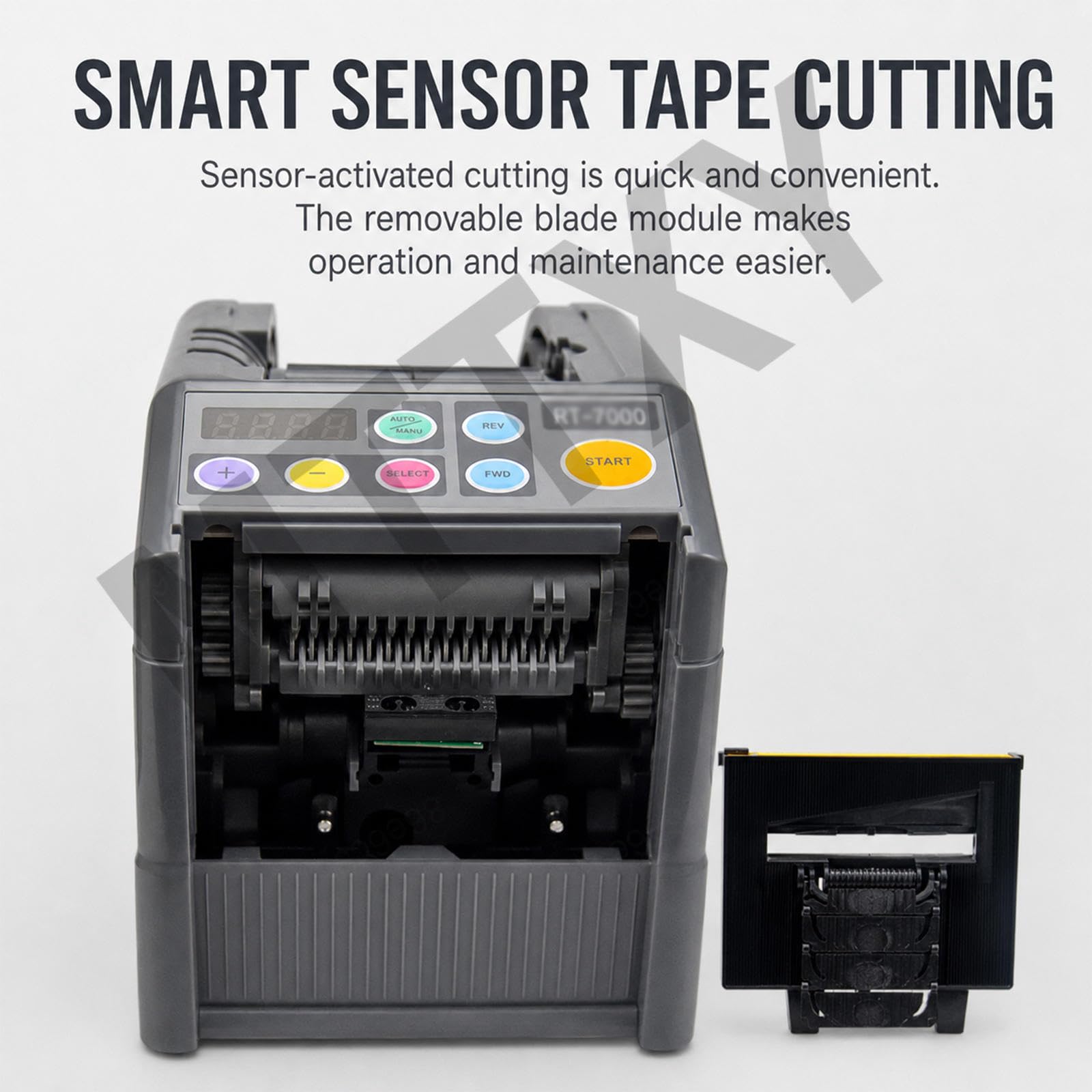 Dispensador Eléctrico de Cinta, 6-60 mm, Auto/Manual | Corte hasta 999 mm con engranaje de silicona antideslizante y pantalla LCD para oficina, almacén y embalaje.