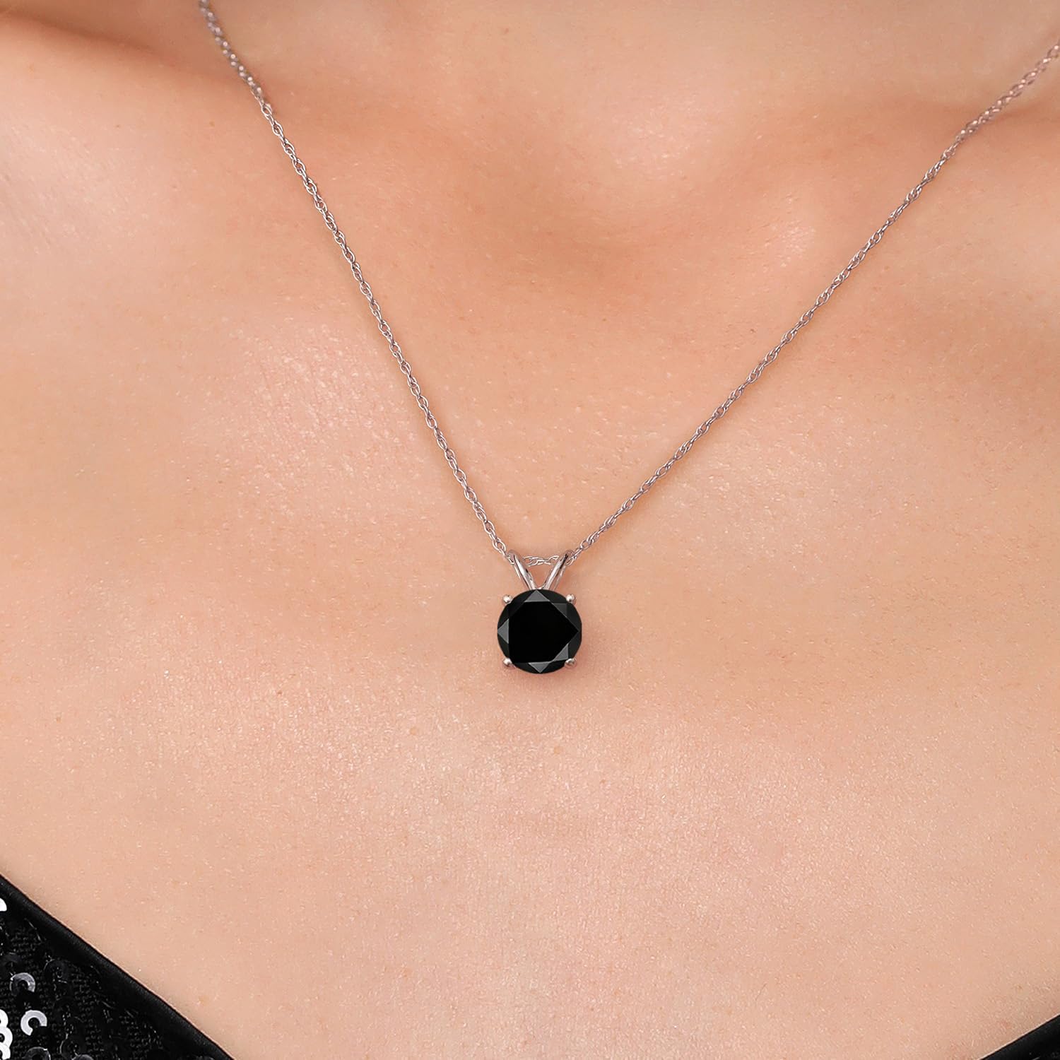 Gem Stone King 14K White Gold Black Diamond Pendant Necklace for Women | 1.80 Cttw | Gemstone April Birthstone | Round 7MM | With 18 Inch Chain - Image 3