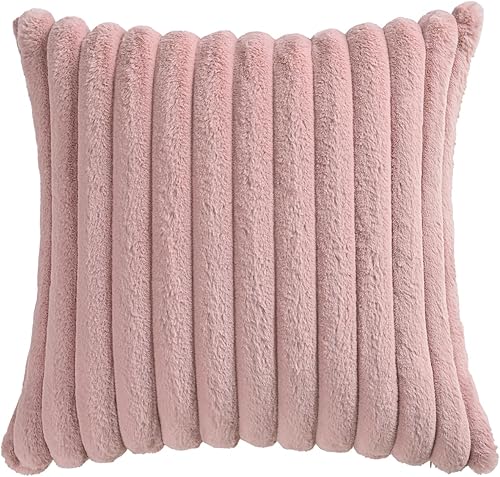 Miniatura 39 de Volcanics Paquete de 1 funda decorativa de felpa de piel sintética de doble cara de 18 x 18 pulgadas, fundas de almohada suaves y esponjosas a rayas