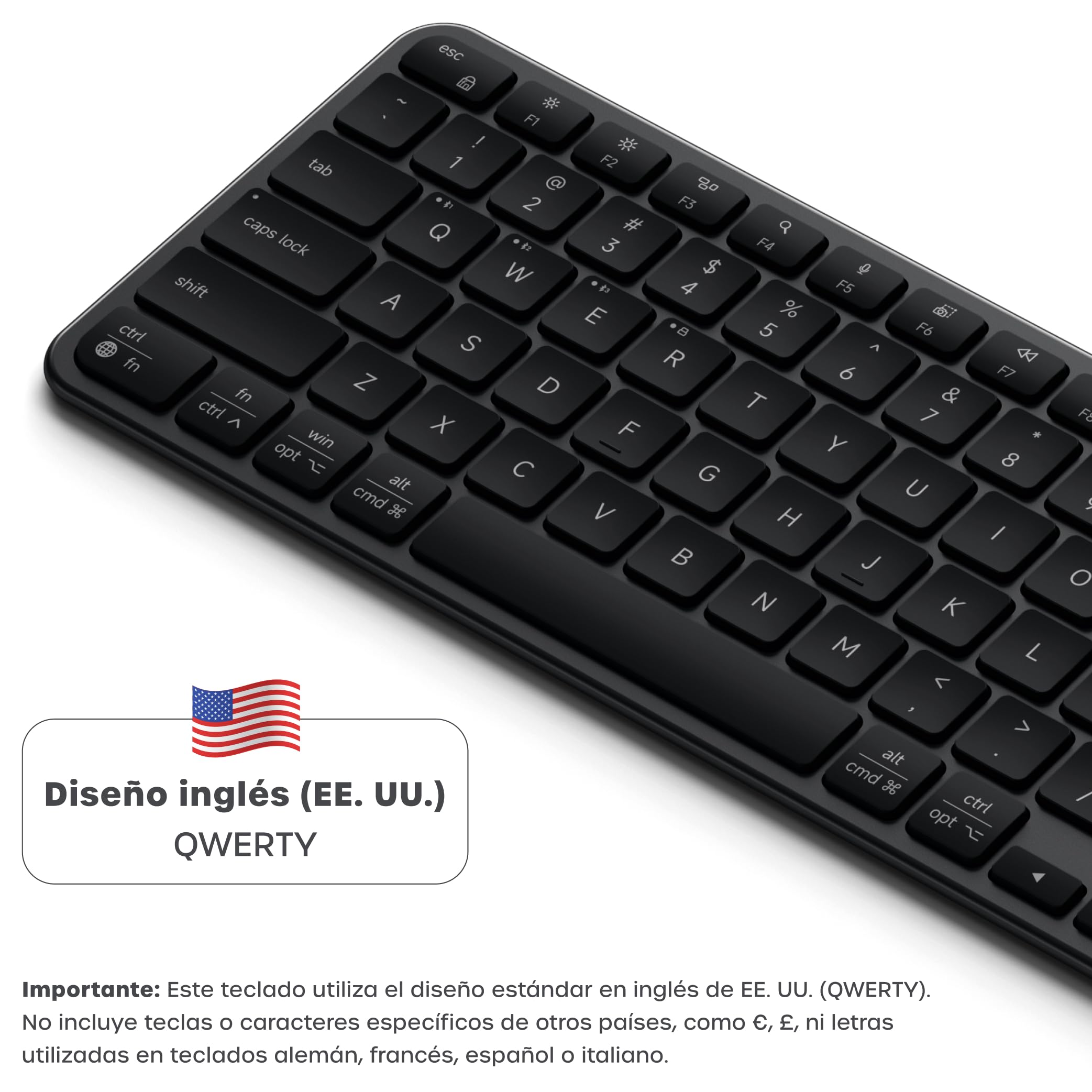 SATECHI Teclado Inalámbrico Slim EX1, Distribución 𝗤𝗪𝗘𝗥𝗧𝗬 𝗨𝗦, Bluetooth Multi-Dispositivo 4 en 1, Conexión 2,4 GHz, Recargable USB-C para Mac, Windows y Android – Negro Espacial