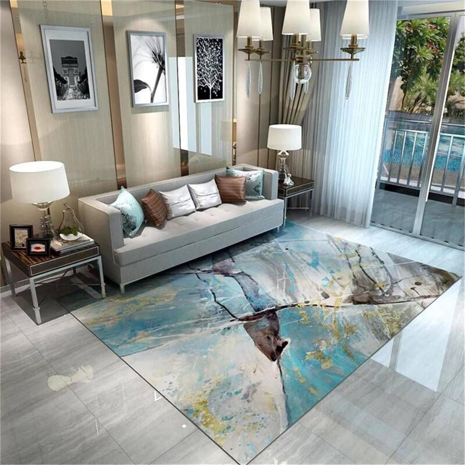 Tapis bleu gris 160x230cm abstrait et antidérapant pour chambre et couloir