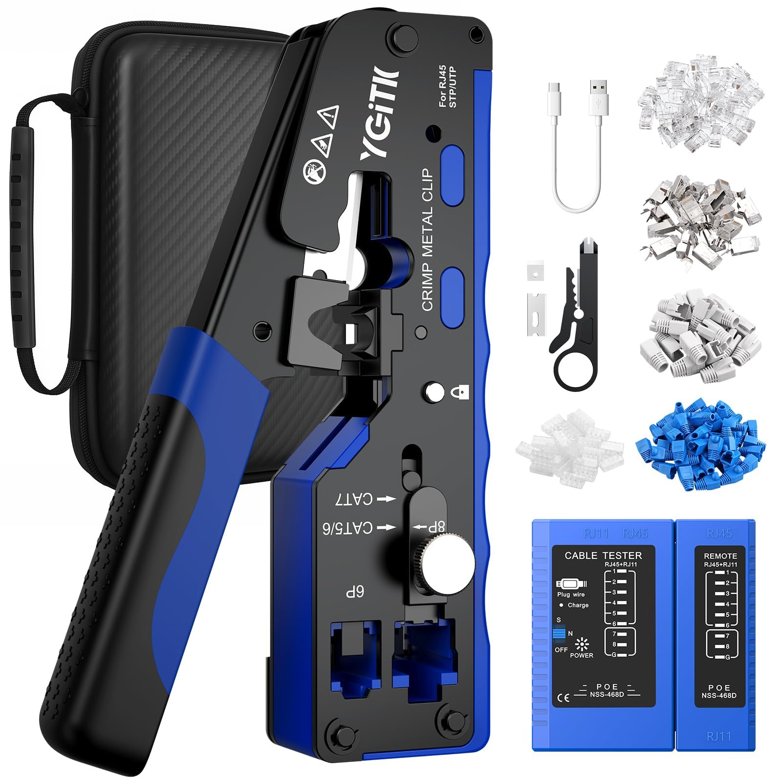 YGiTK RJ45 Crimping Tool Pass Through Kit with Rechargeable Network Cable Tester,Ethernet Crimper Cat7 Crimping Tool CAT6(30pcs) CAT7(20pcs), Wire Crimper, Mini Cable Stripper for Network Installer
